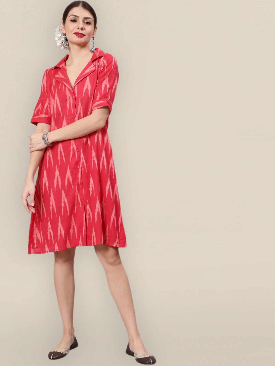 

Sangria Pink Ikat Ethnic A-Line Dress, Red