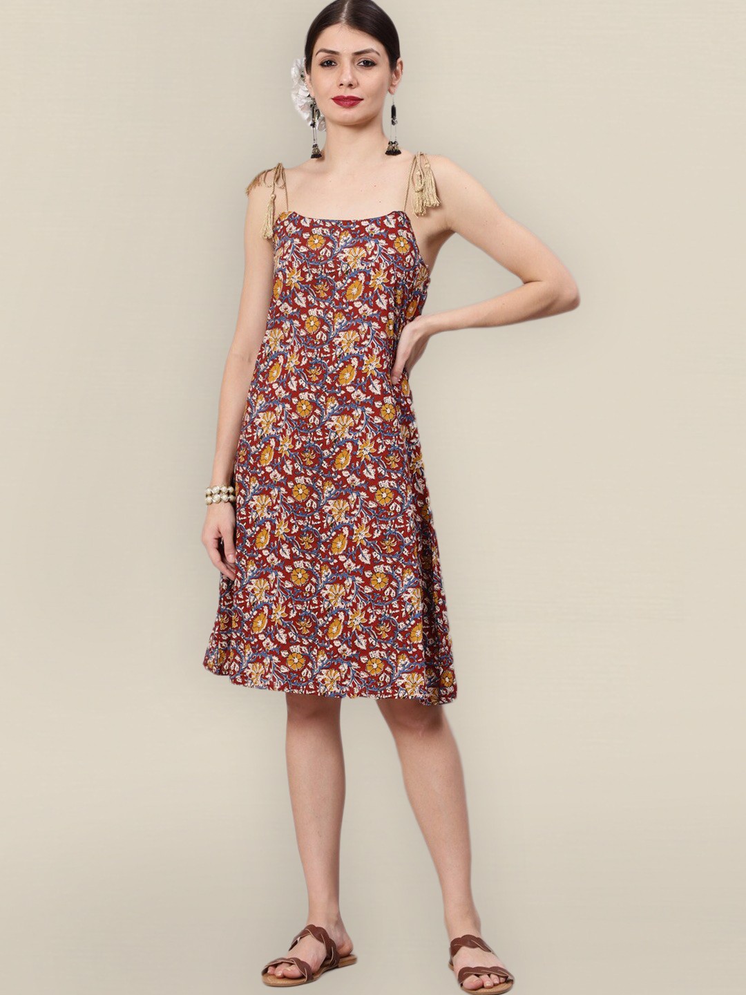 

Sangria Maroon & Orange Floral A-Line Dress