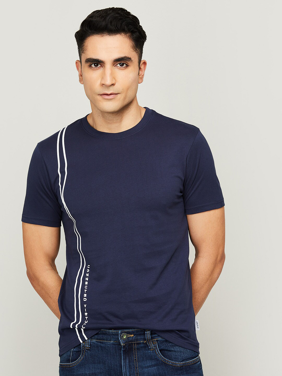 

Fame Forever by Lifestyle Men Navy Blue & White Pure Cotton T-shirt