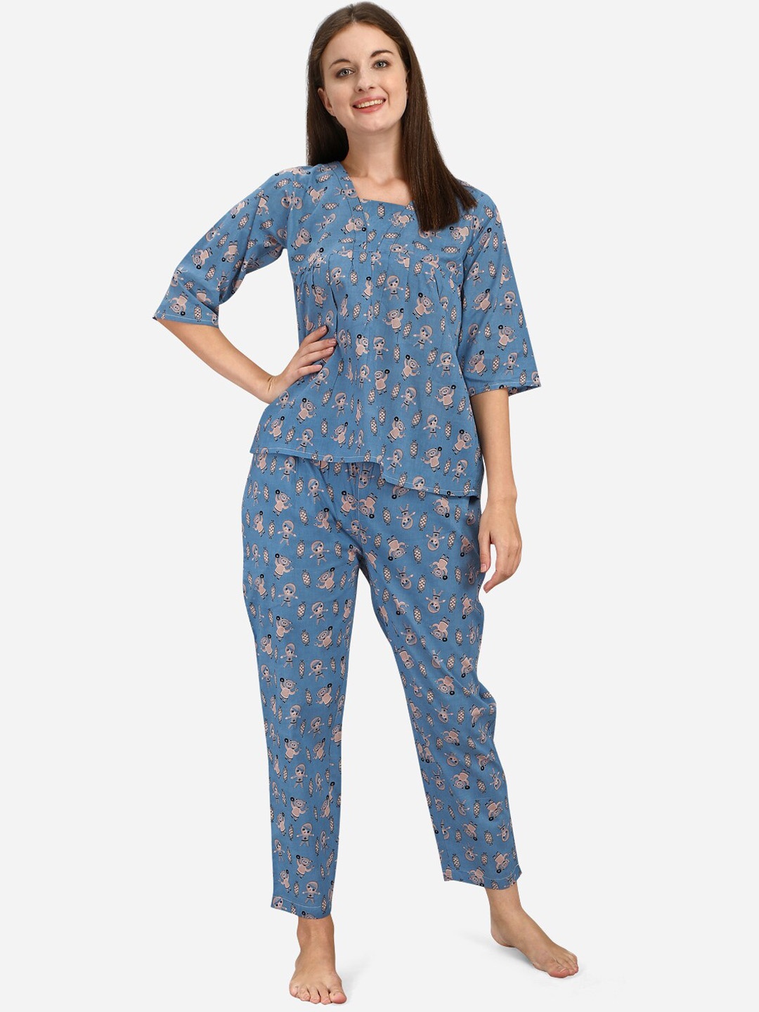 

MESMORA FASHION Women Blue & Grey Printed Night suit