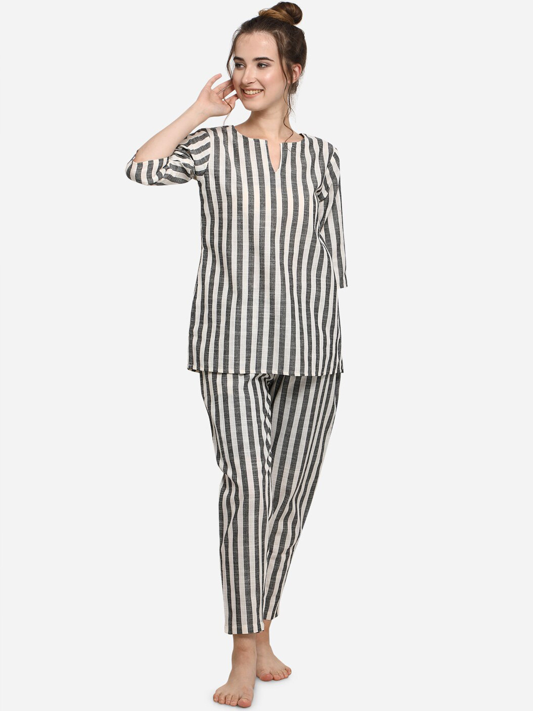 

MESMORA FASHION Women Charcoal & White Striped Night suit