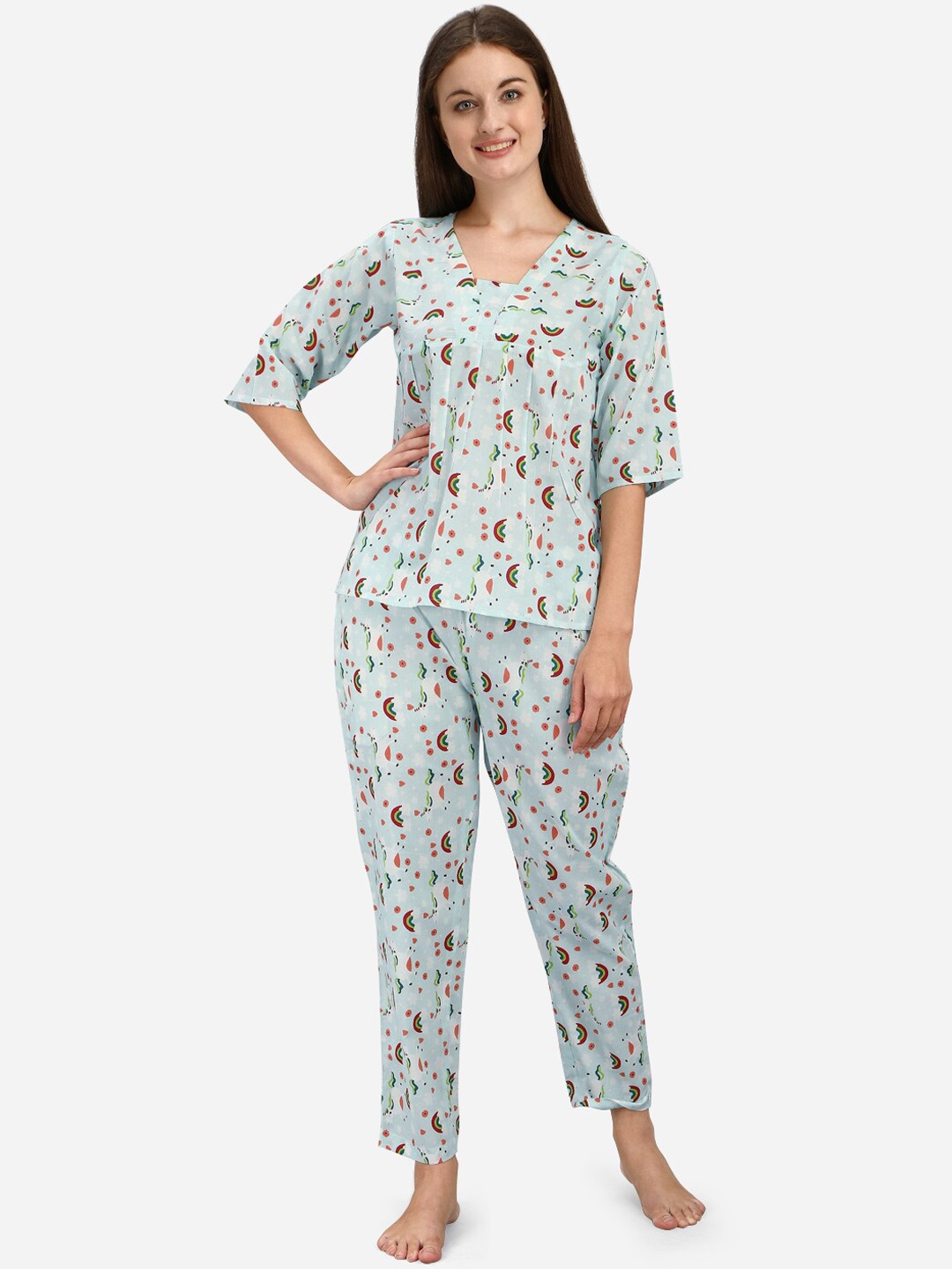 

MESMORA FASHION Women Blue & Red Printed Night suit