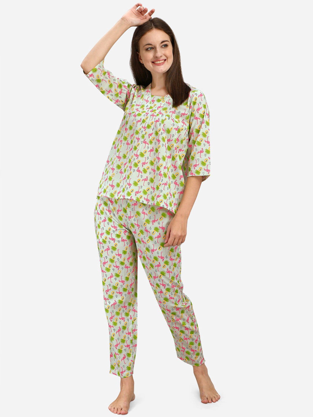 

MESMORA FASHION Women Green & Pink Printed Night suit
