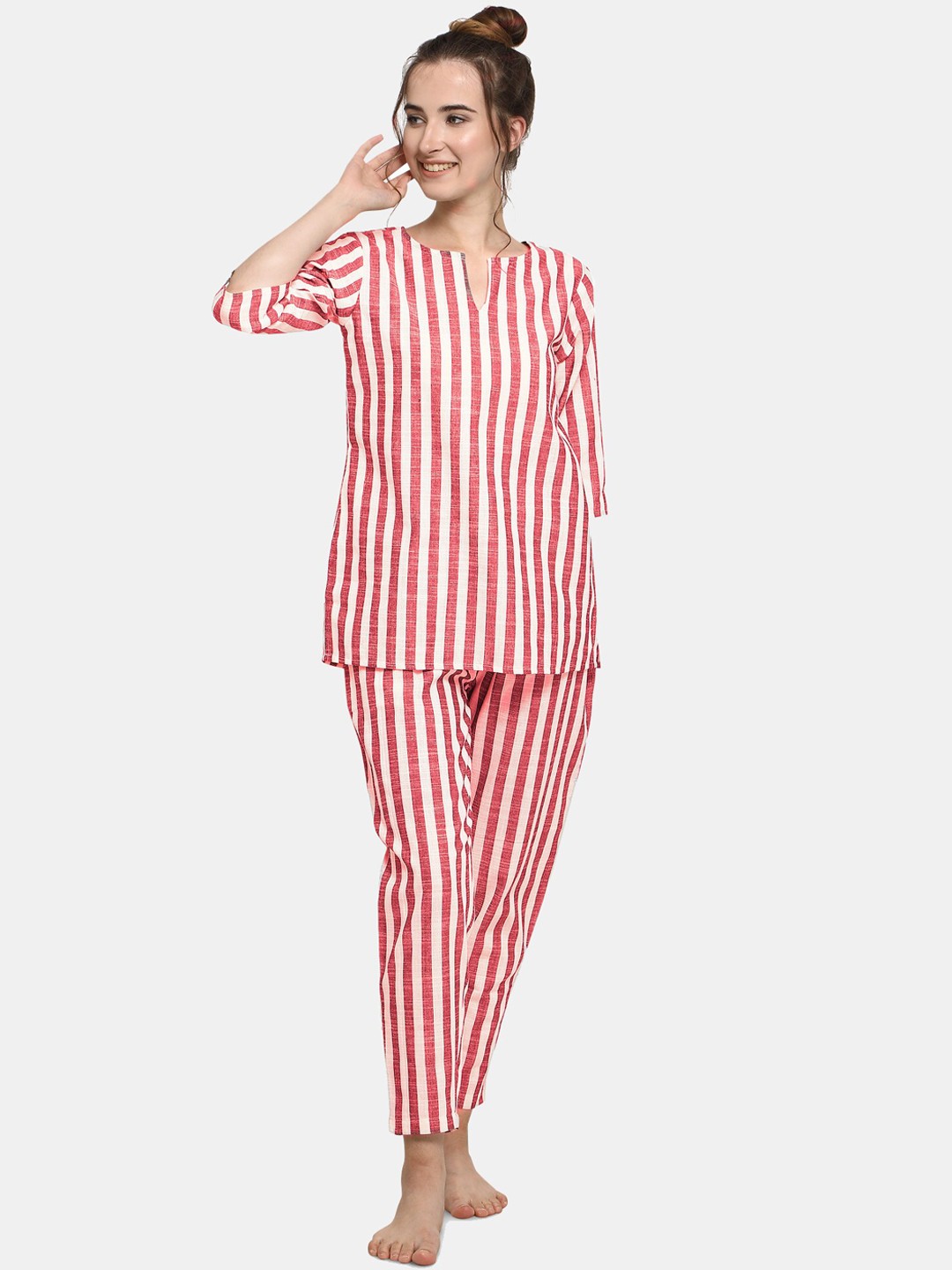 

MESMORA FASHION Women Pink & White Striped Pure Cotton Night suit
