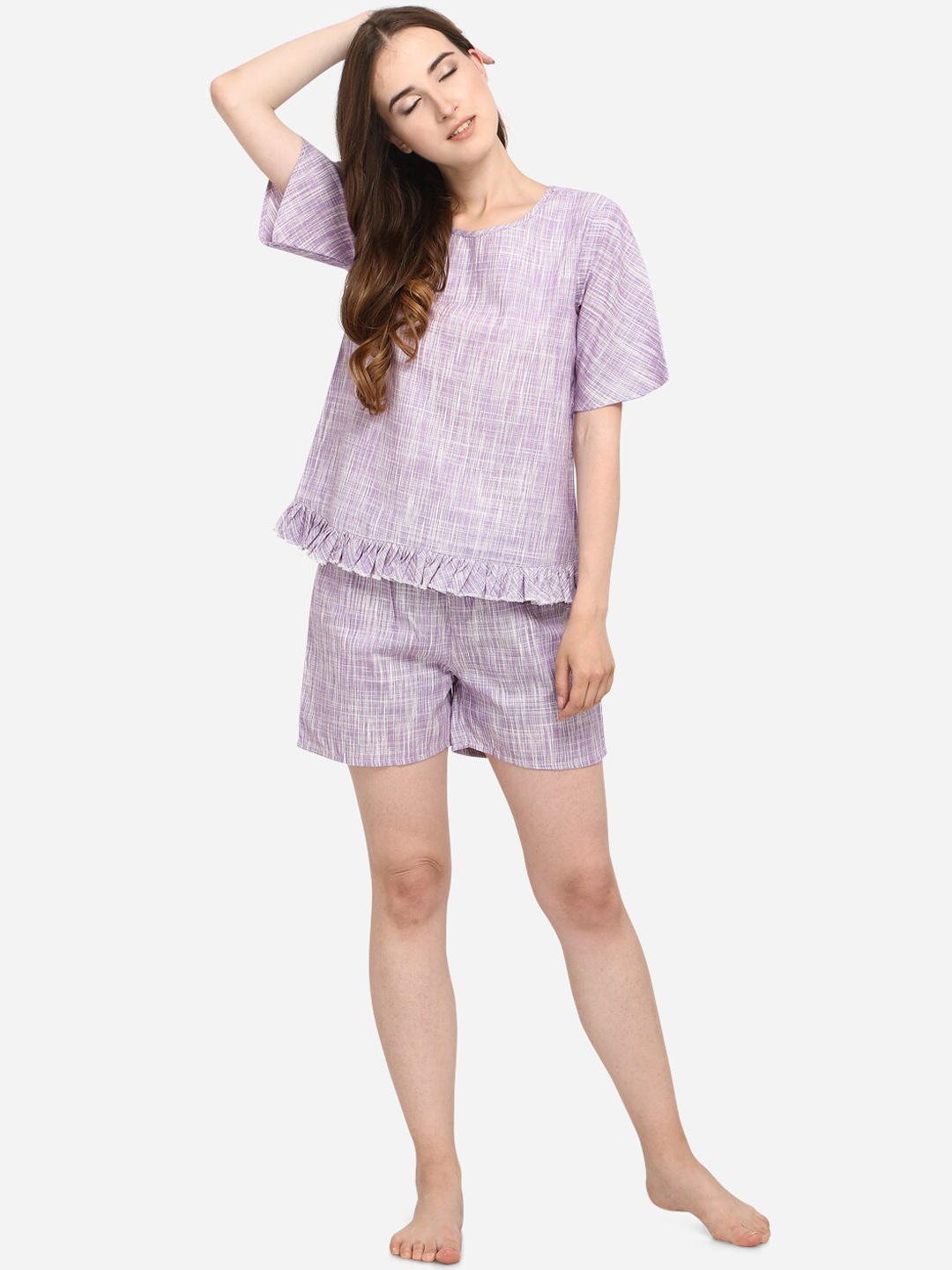 

MESMORA FASHION Women Purple Printed Night Suit Set