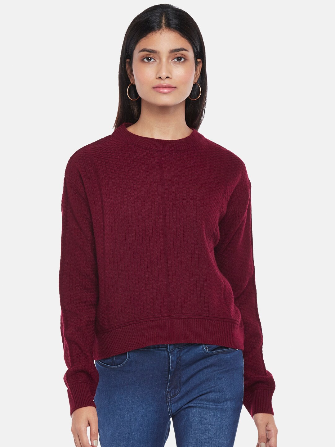 

People Women Maroon Solid Long Sleeves Acrylic Pullover