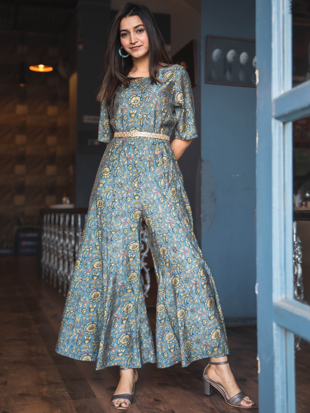 

AUTUMN LANE Turquoise Blue & Beige Printed Basic Jumpsuit with Embellished Belt