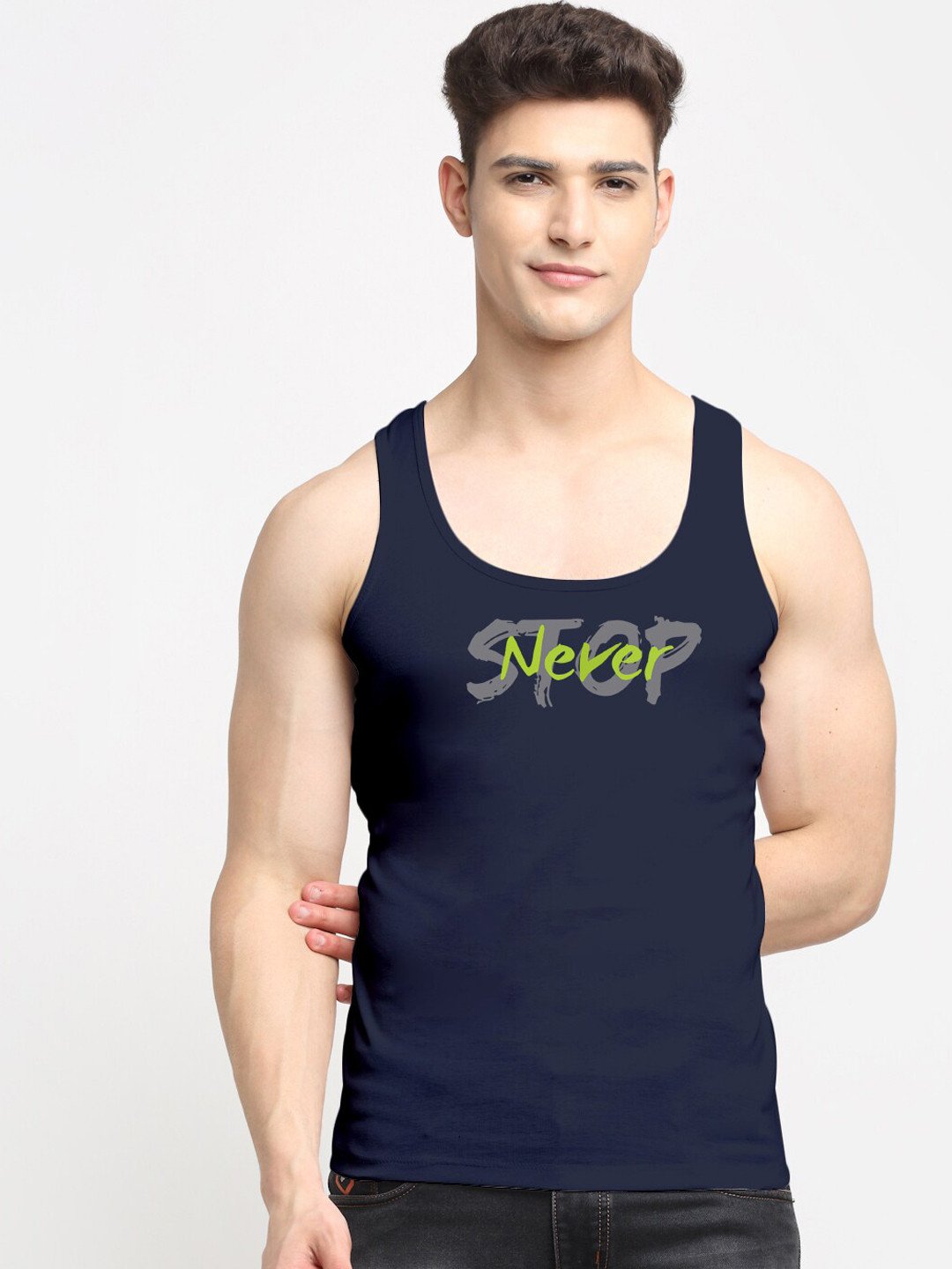 

Friskers Men Navy Blue Graphics Printed Cotton Innerwear Gym Vest