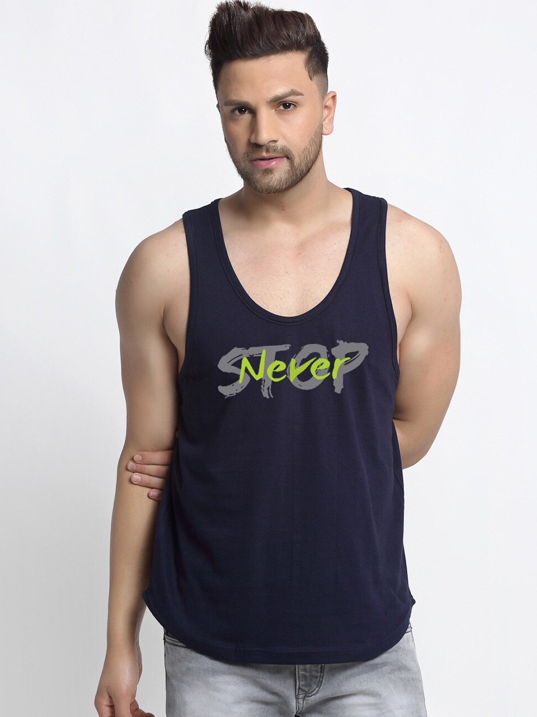 

Friskers Men Navy Blue Graphic Printed Cotton Innerwear Vests