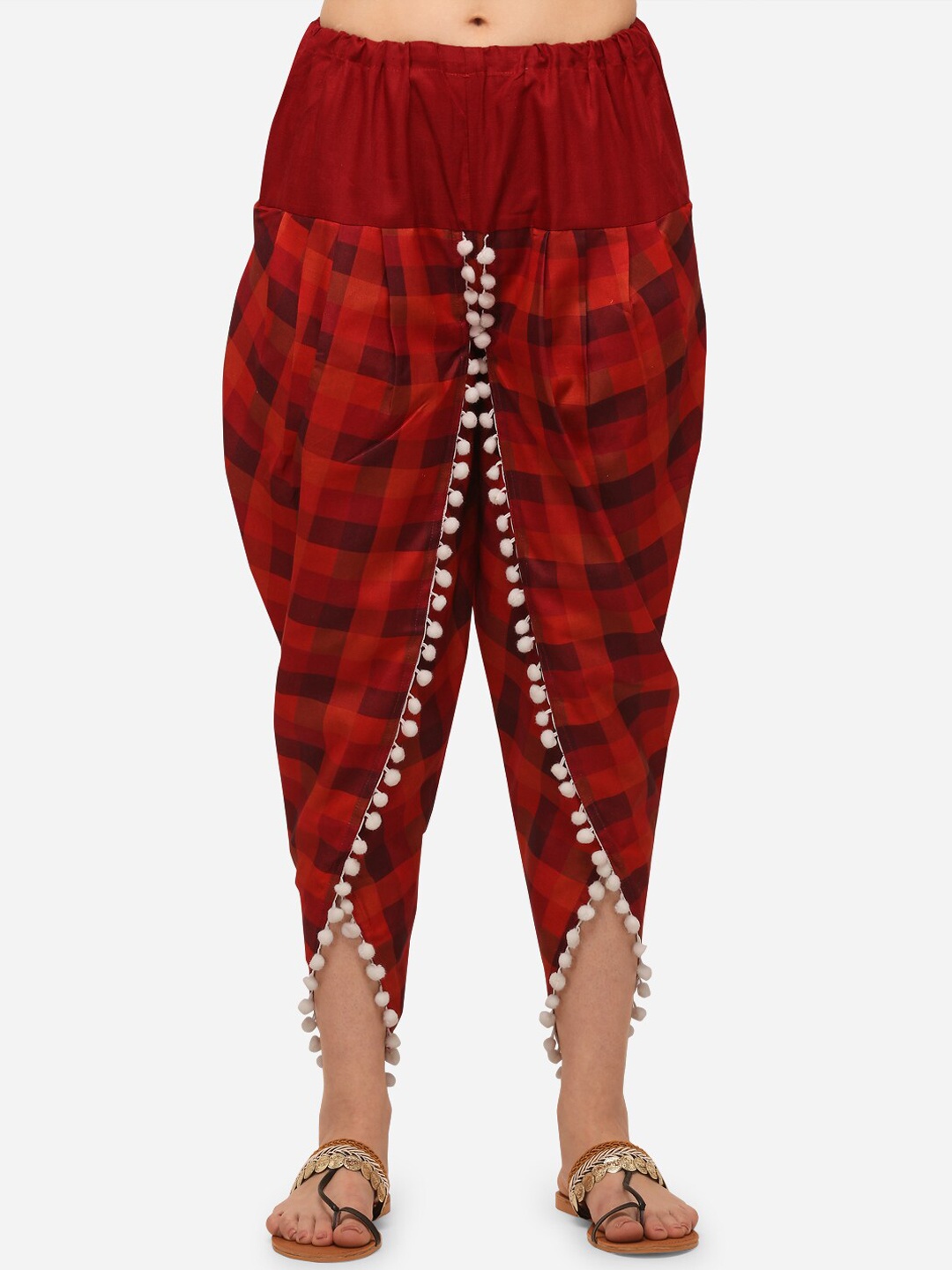 

MESMORA FASHION Women Maroon & Orange Coloured Checked Cotton Dhoti Pants