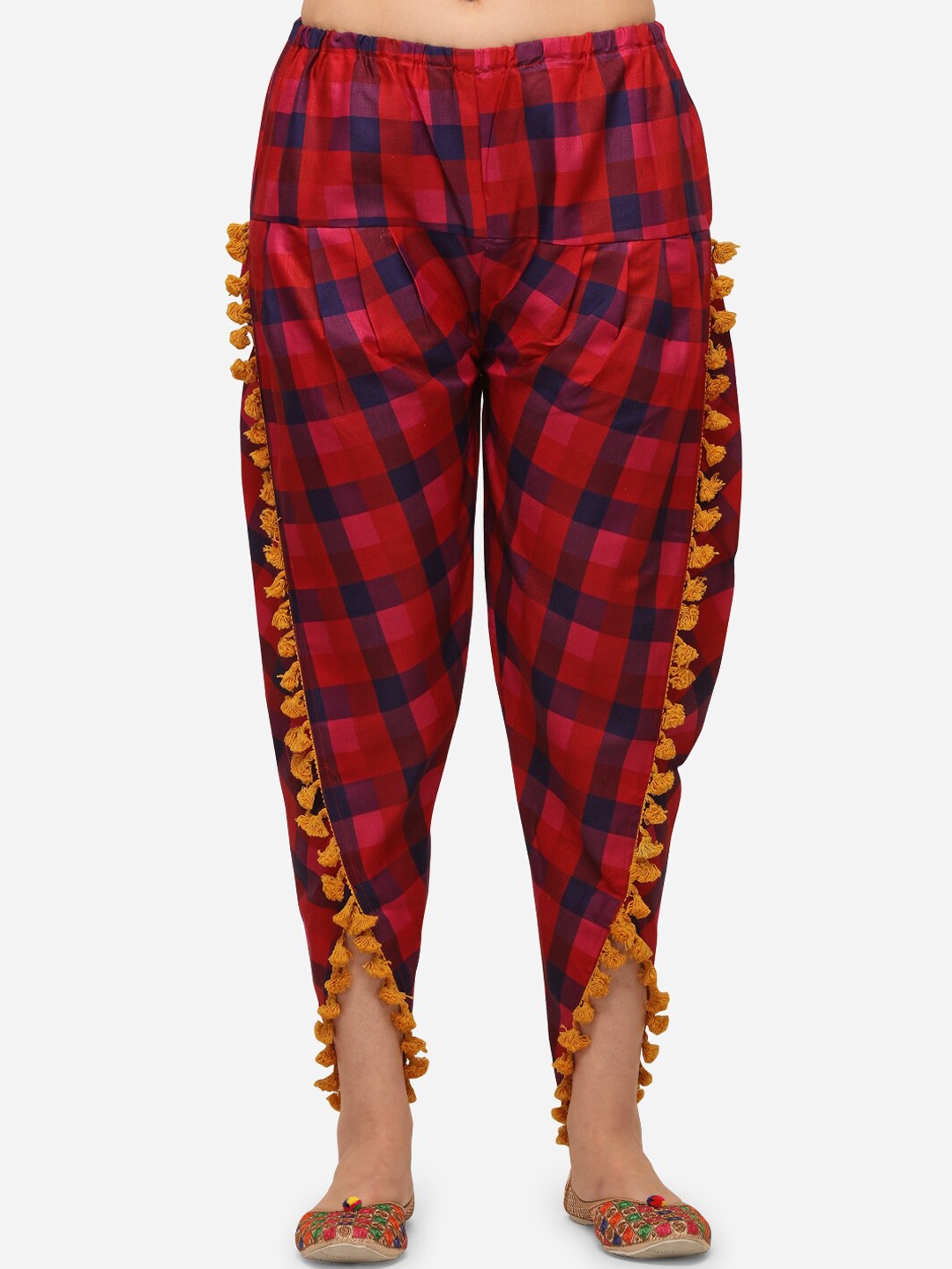 

MESMORA FASHION Women Red Colored Checked Printed Embroidered Cotton Dhotis