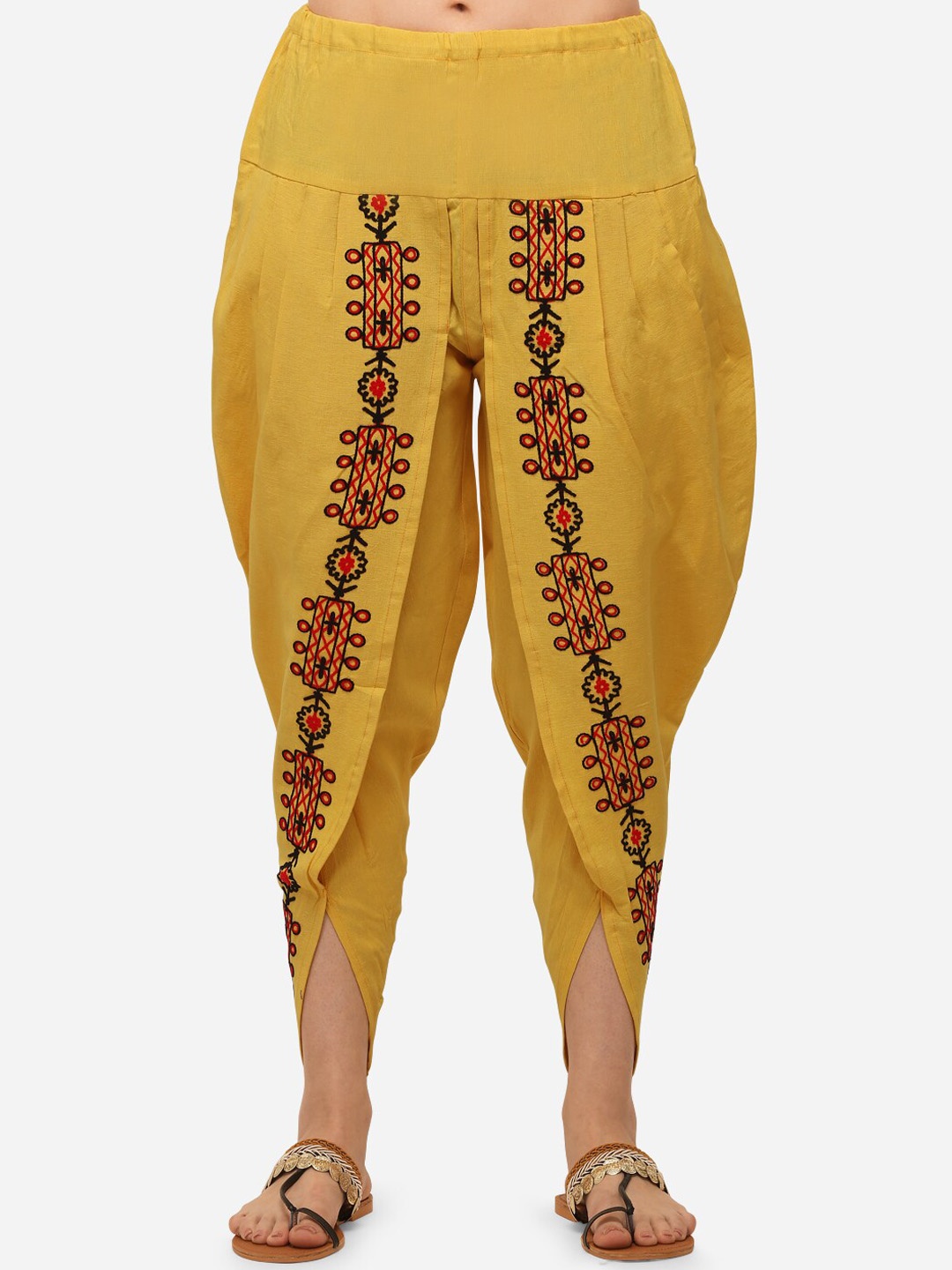 

MESMORA FASHION Women Yellow Embroidered Cotton Dhoti Pants