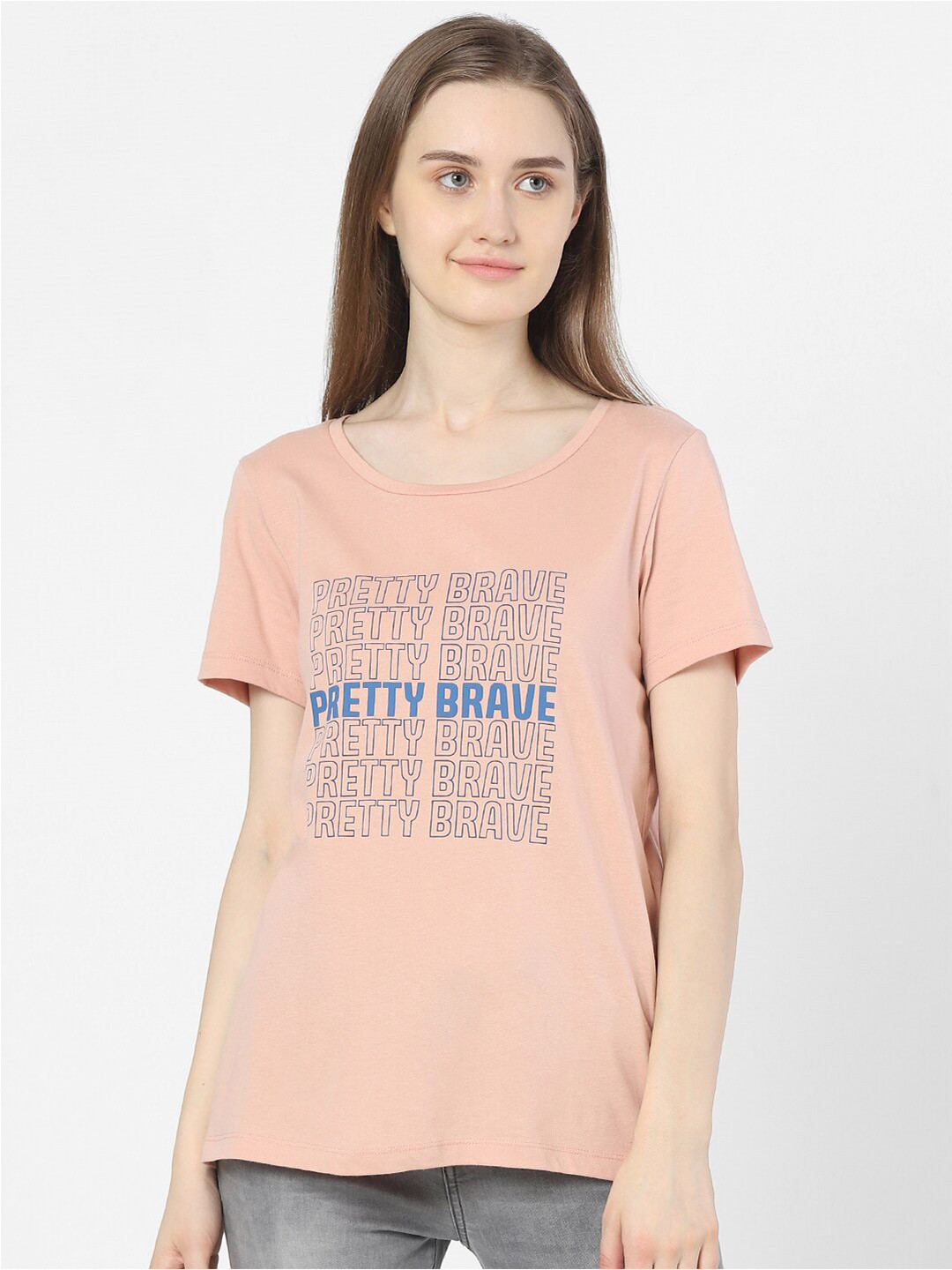 

Vero Moda Women Pink & Blue Typography Printed T-shirt