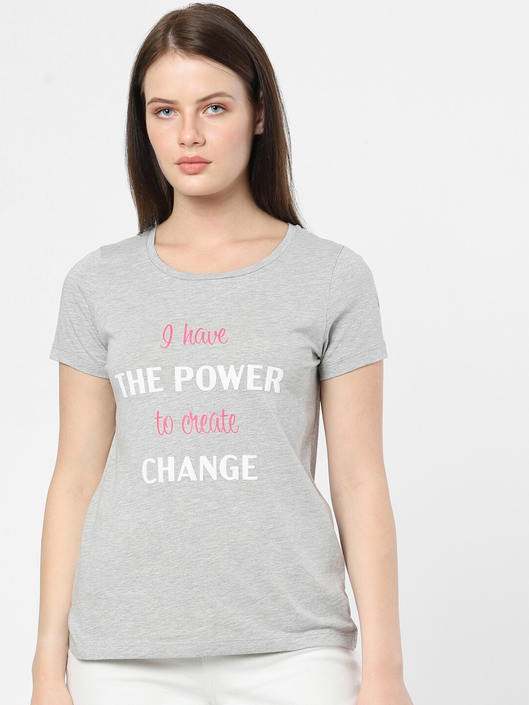 

Vero Moda Women Grey Typography Printed T-shirt