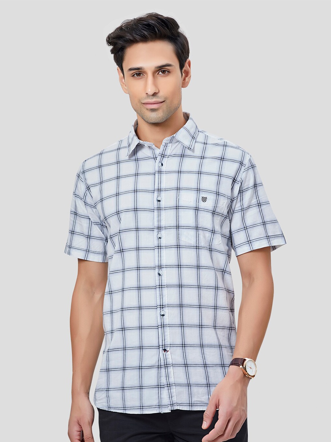 

Oxemberg Men White Classic Slim Fit Windowpane Checks Checked Casual Shirt