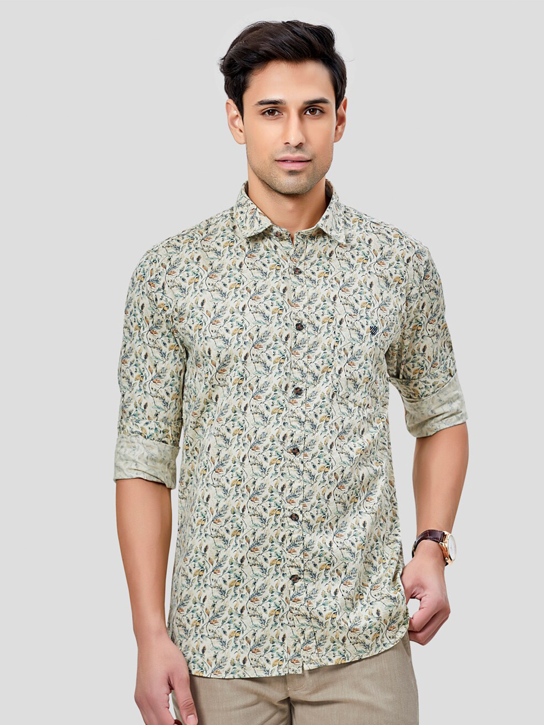 

Oxemberg Men Beige Classic Slim Fit Floral Printed Casual Shirt