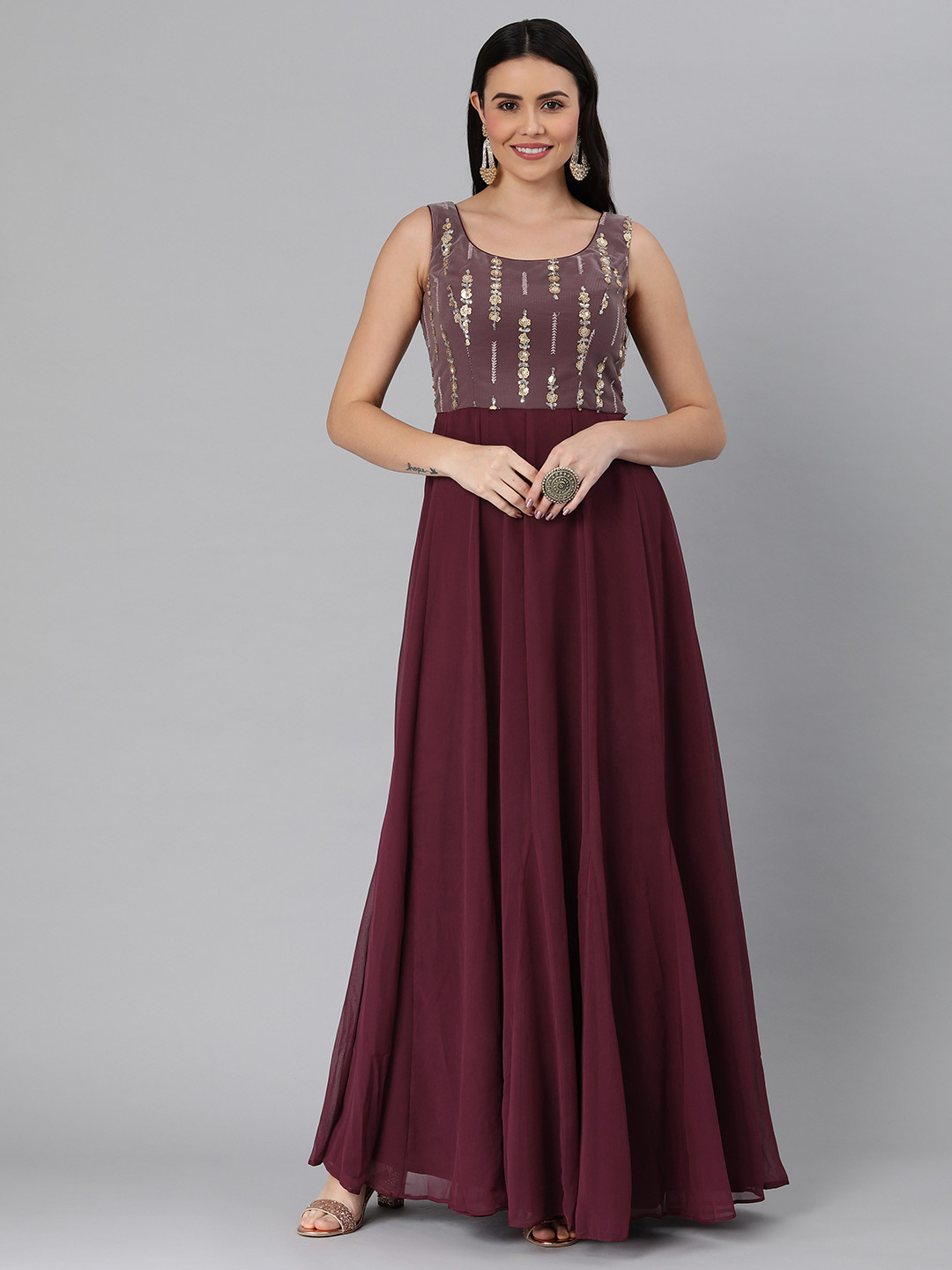 

Ethnovog Maroon Made To Measure Sequinned Georgette Maxi Dress