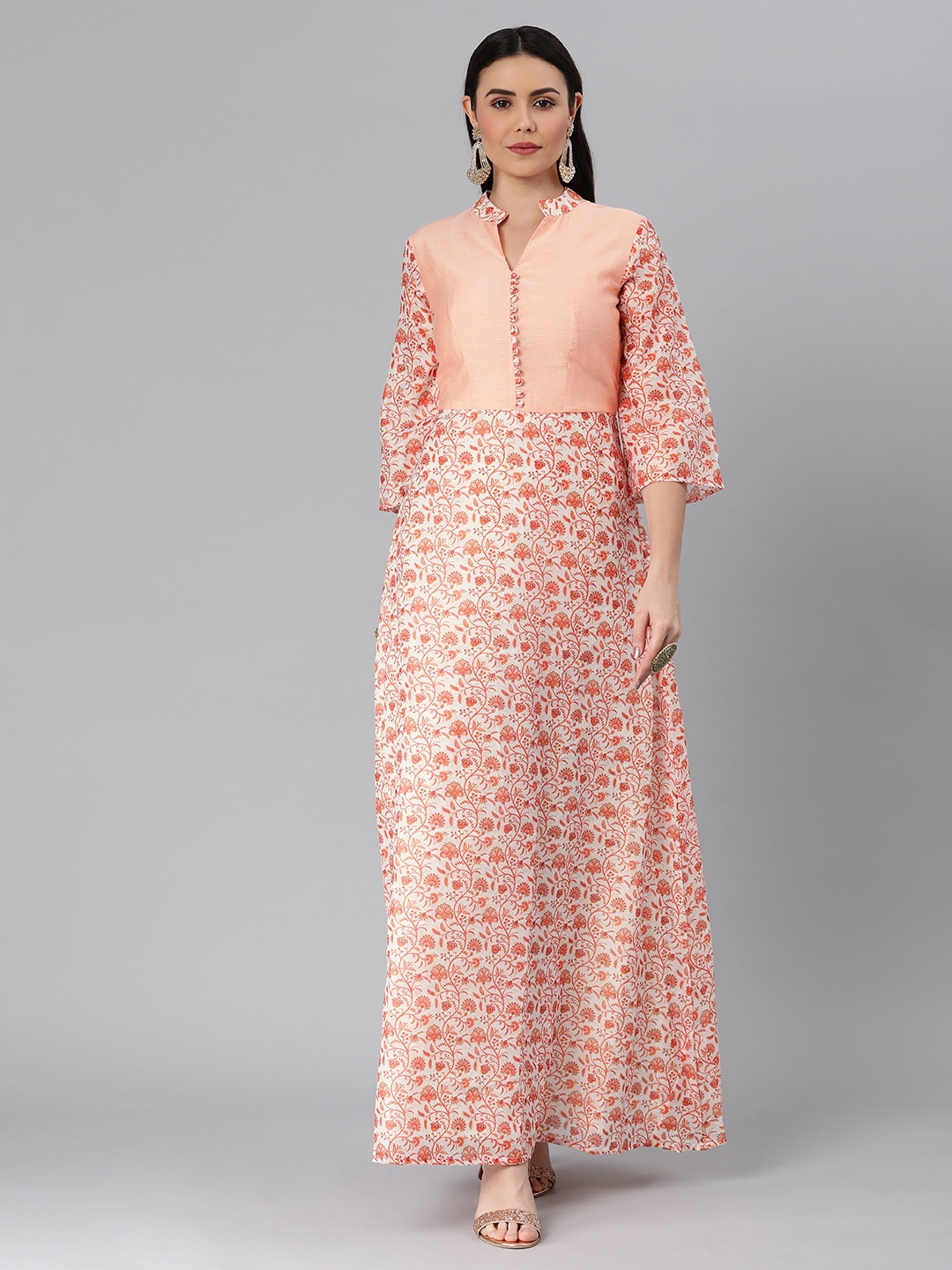 

Ethnovog Peach-Coloured White Made To Measure Ethnic Motifs Printed Ethnic Maxi Dress