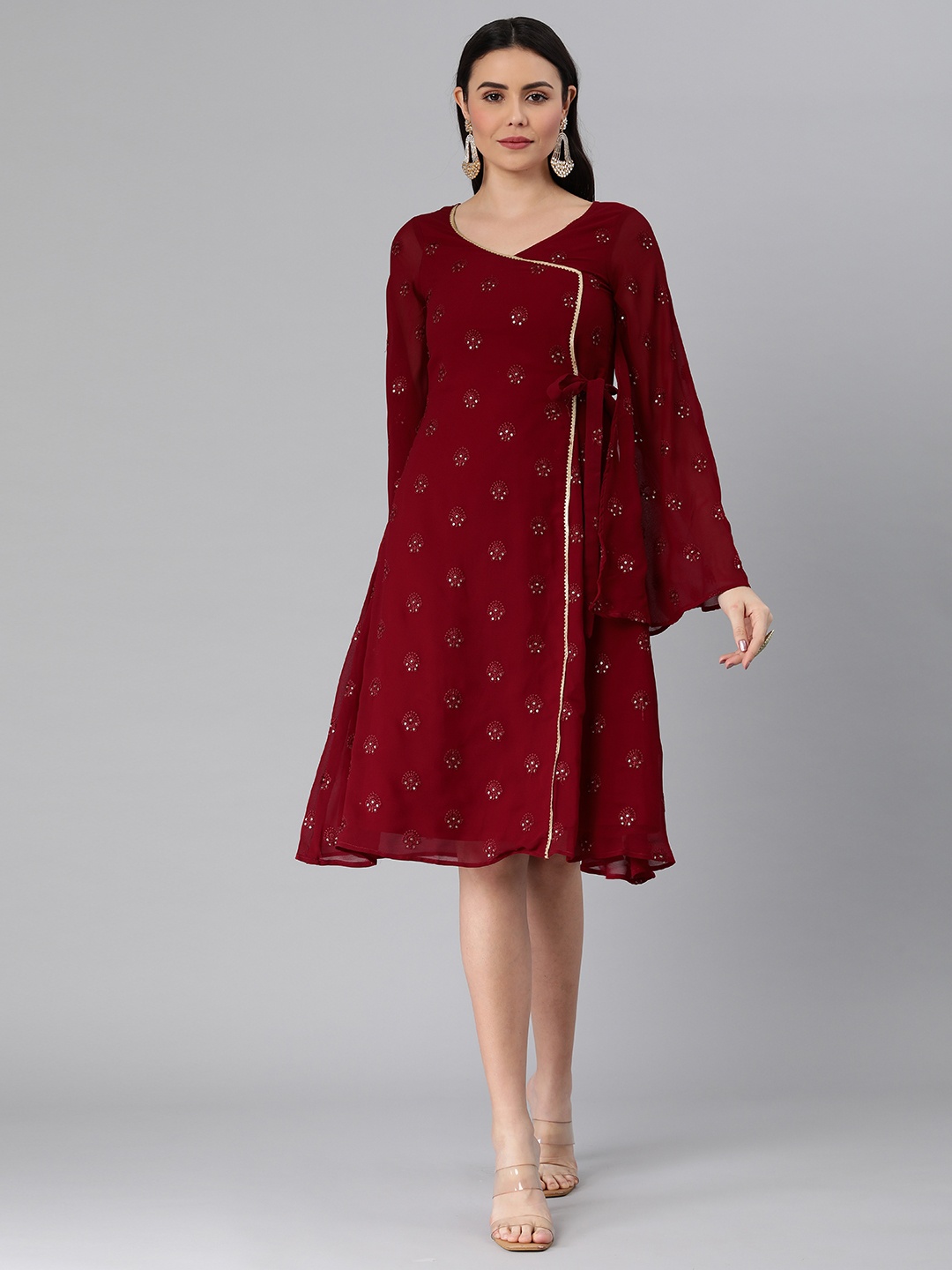

Ethnovog Maroon Made To Measure Ethnic Motifs Embroidered Angrakha Georgette Dress