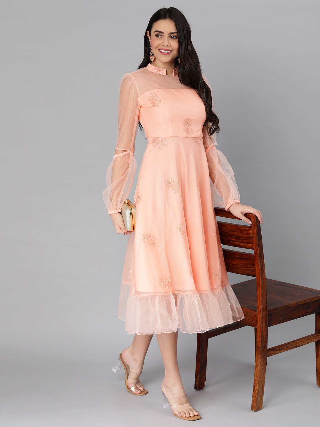 

Ethnovog Peach-Coloured Made To Measure Ethnic Motifs A-Line Midi Dress