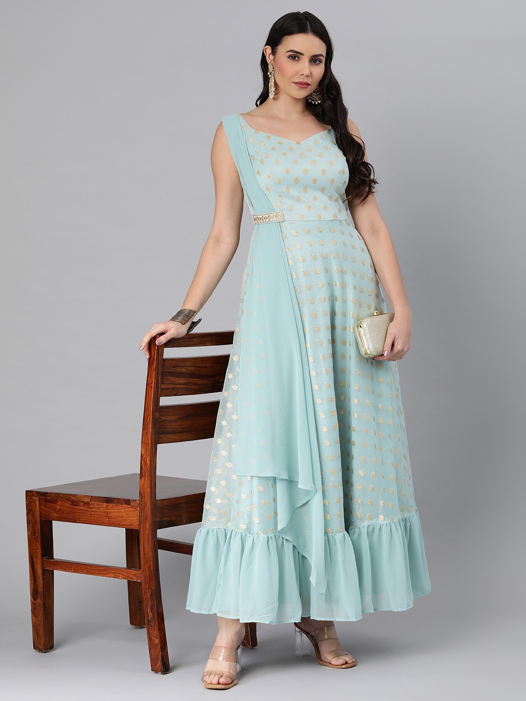 

Ethnovog Women Blue Brown Woven Design Organza Ethnic Maxi Dress