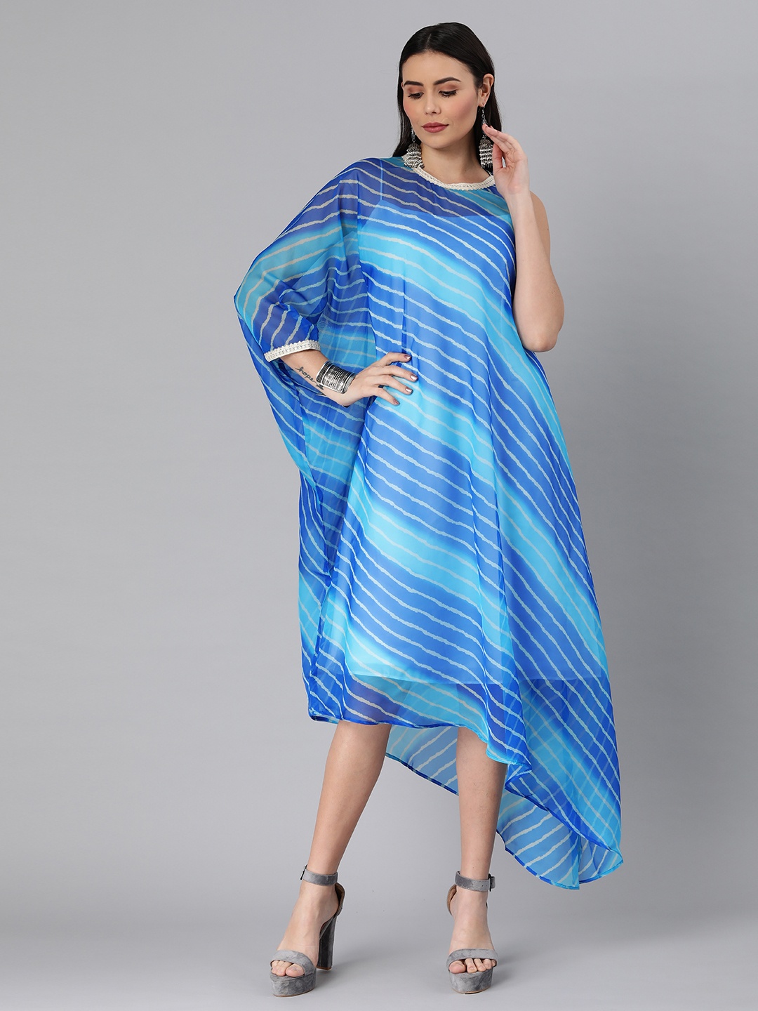 

Ethnovog Blue White Made To Measure Striped Kaftan Maxi Dress