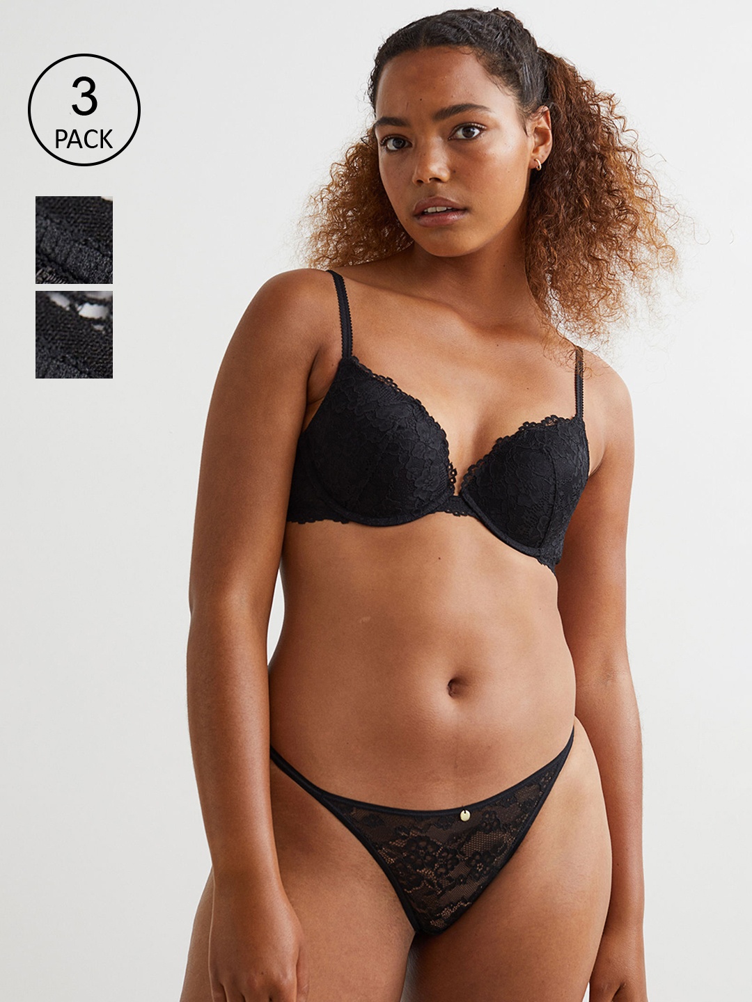 

H&M Women 3-Pack Lace Thong Briefs, Black