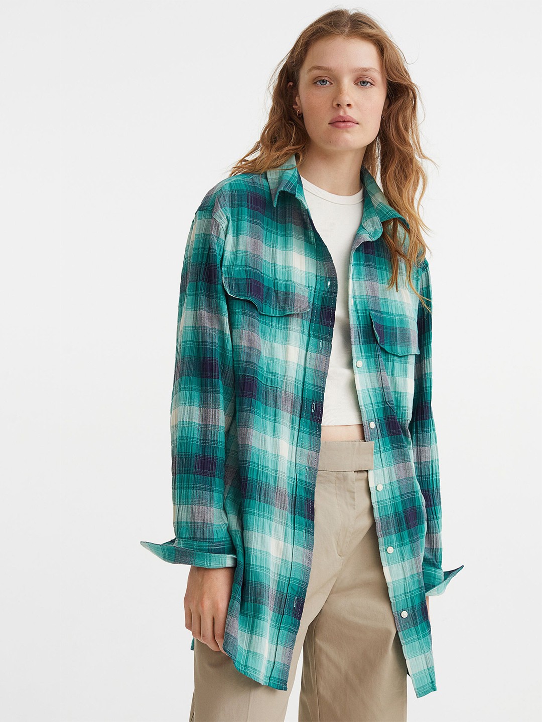 

H&M Women Green Checked Crinkled Cotton Shirt