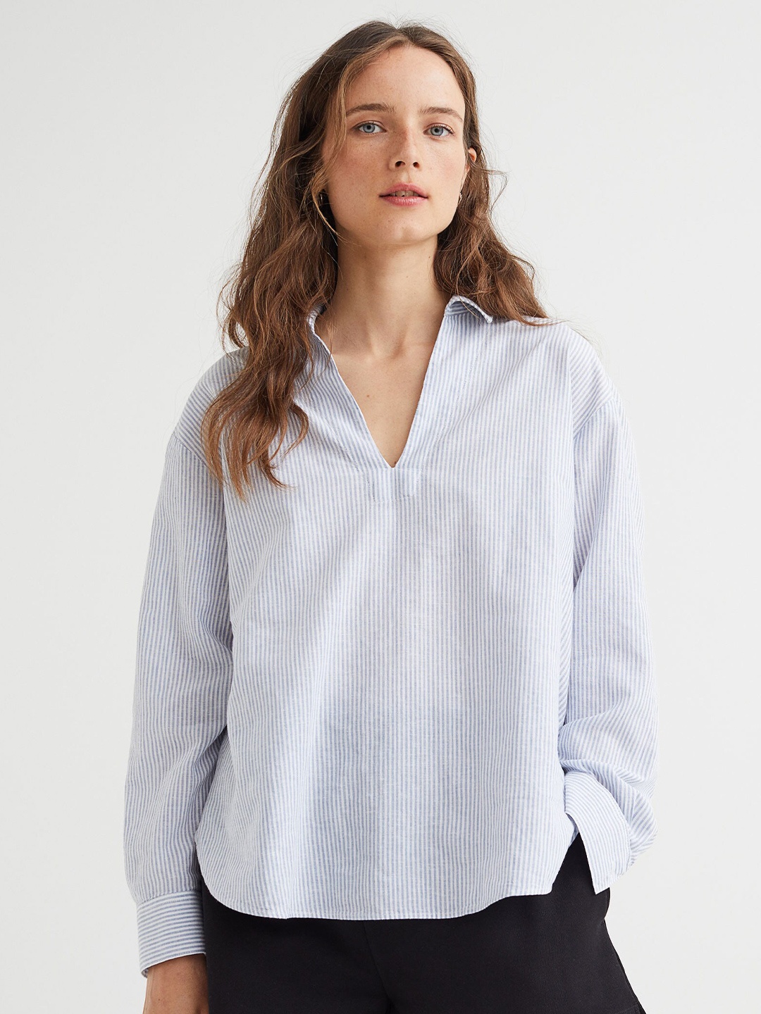 

H&M Women Blue Striped Popover Linen-Blend Shirt