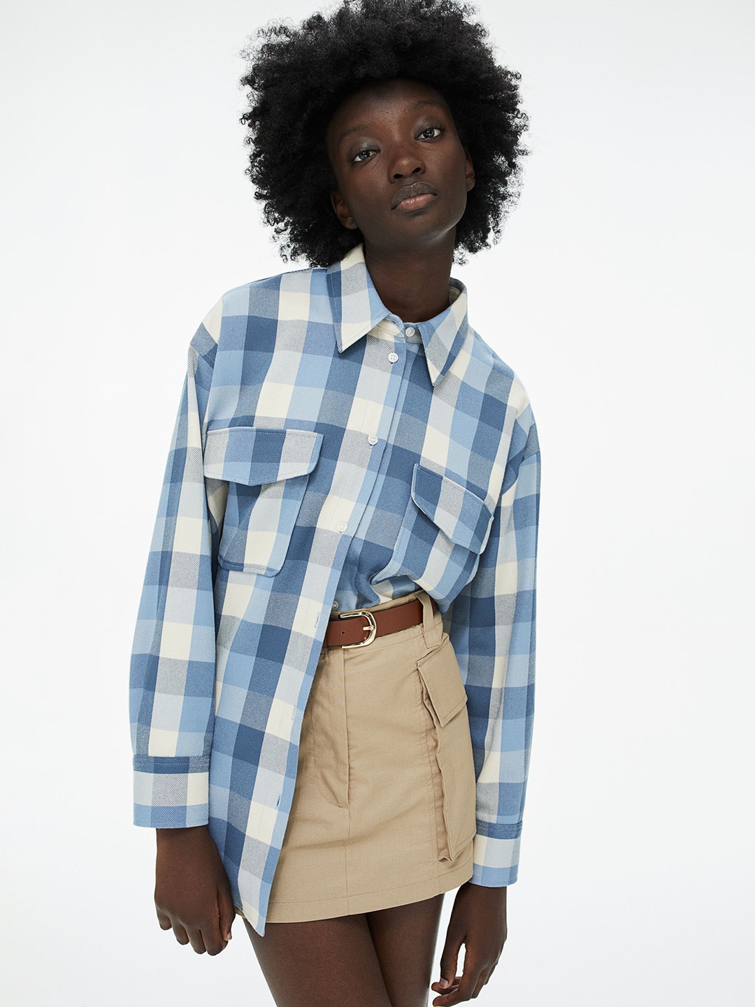 

H&M Women Blue & White Checked Oversized Twill Overshirt, Black