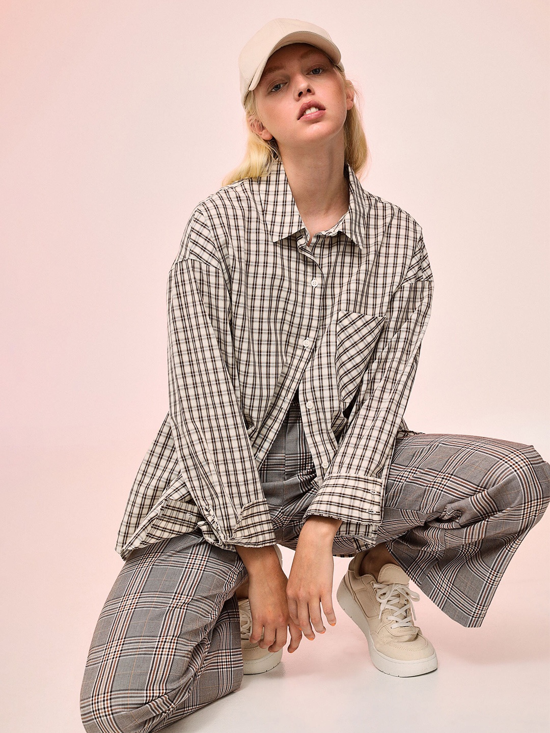 

H&M Women Beige Checked Oversized Cotton Shirt