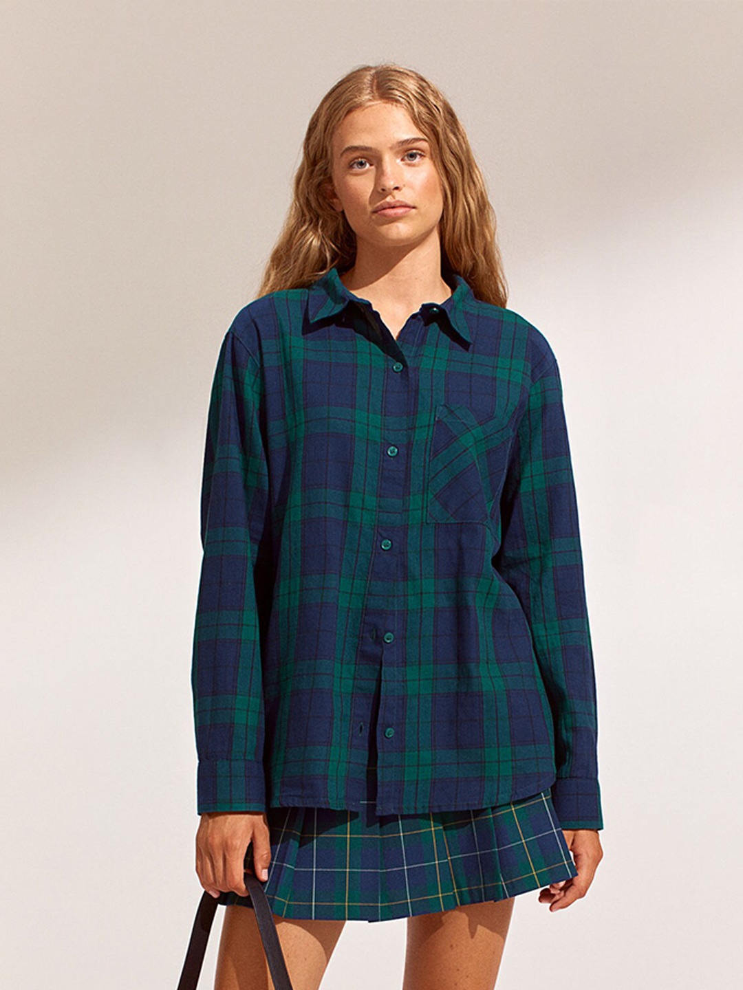 

H&M Women Navy Blue & Green Checked Cotton Shirt