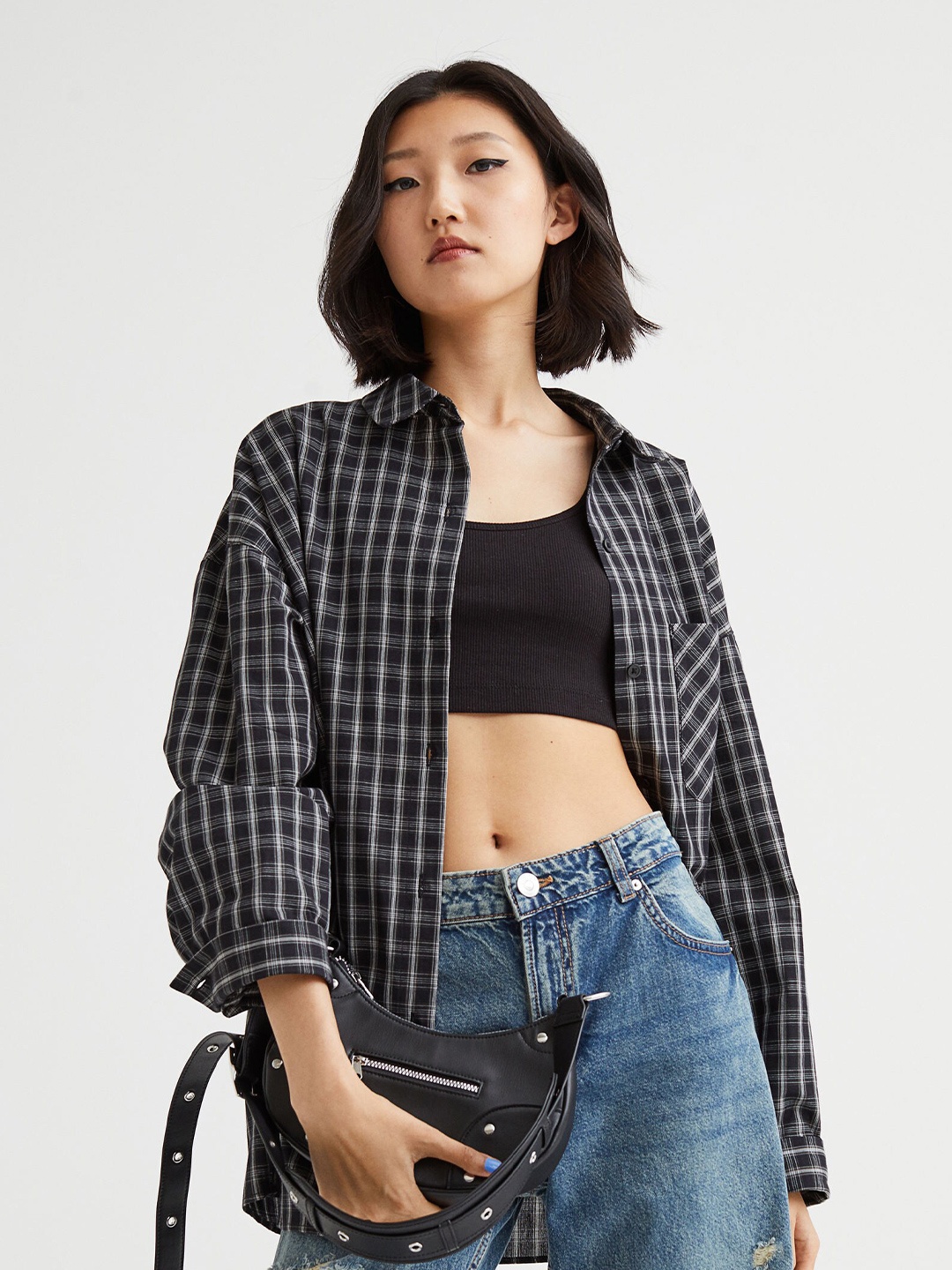 

H&M Black & White Checked Oversized Cotton Shirt