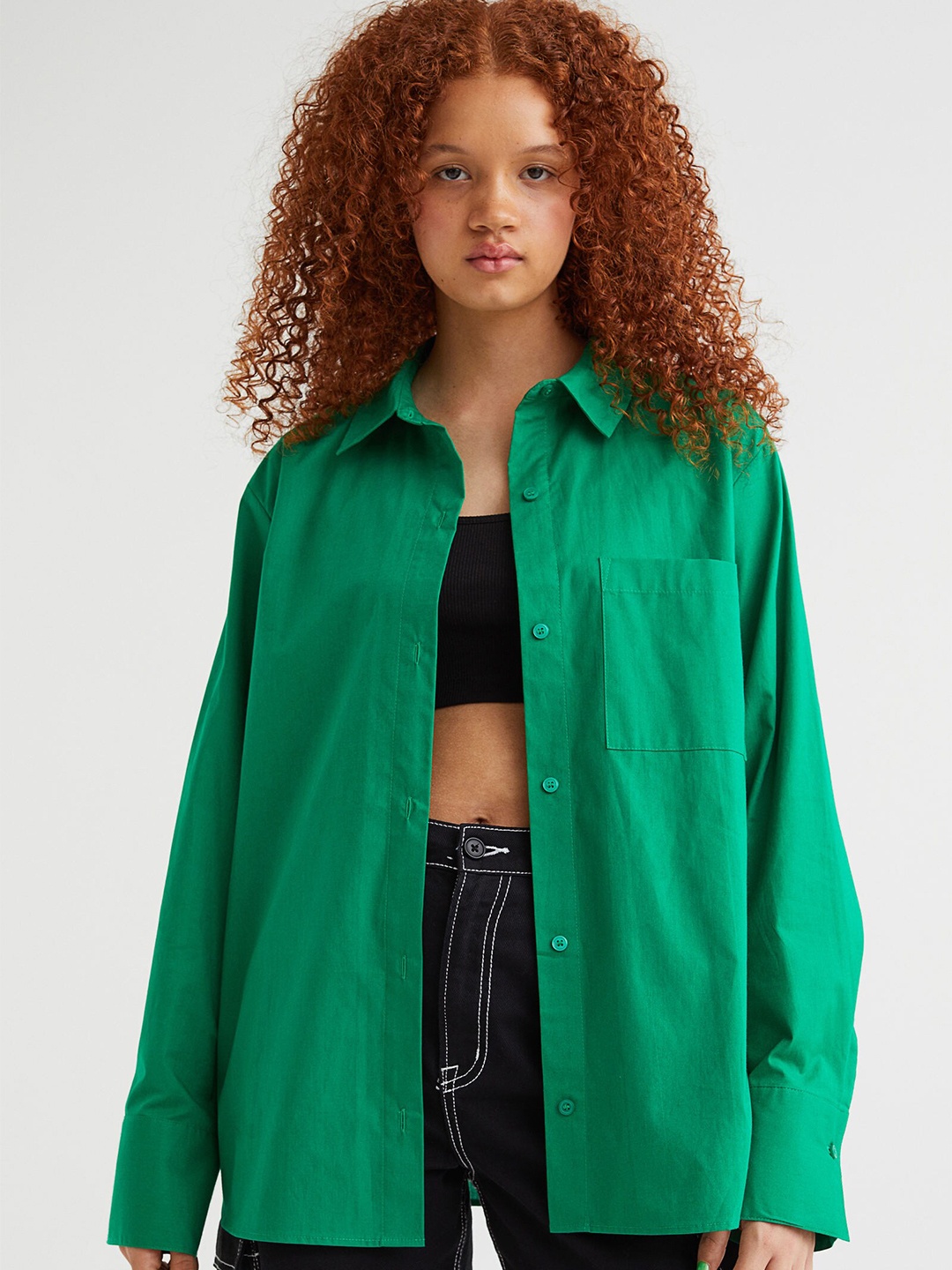 

H&M Women Green Solid Oversized Poplin Shirt