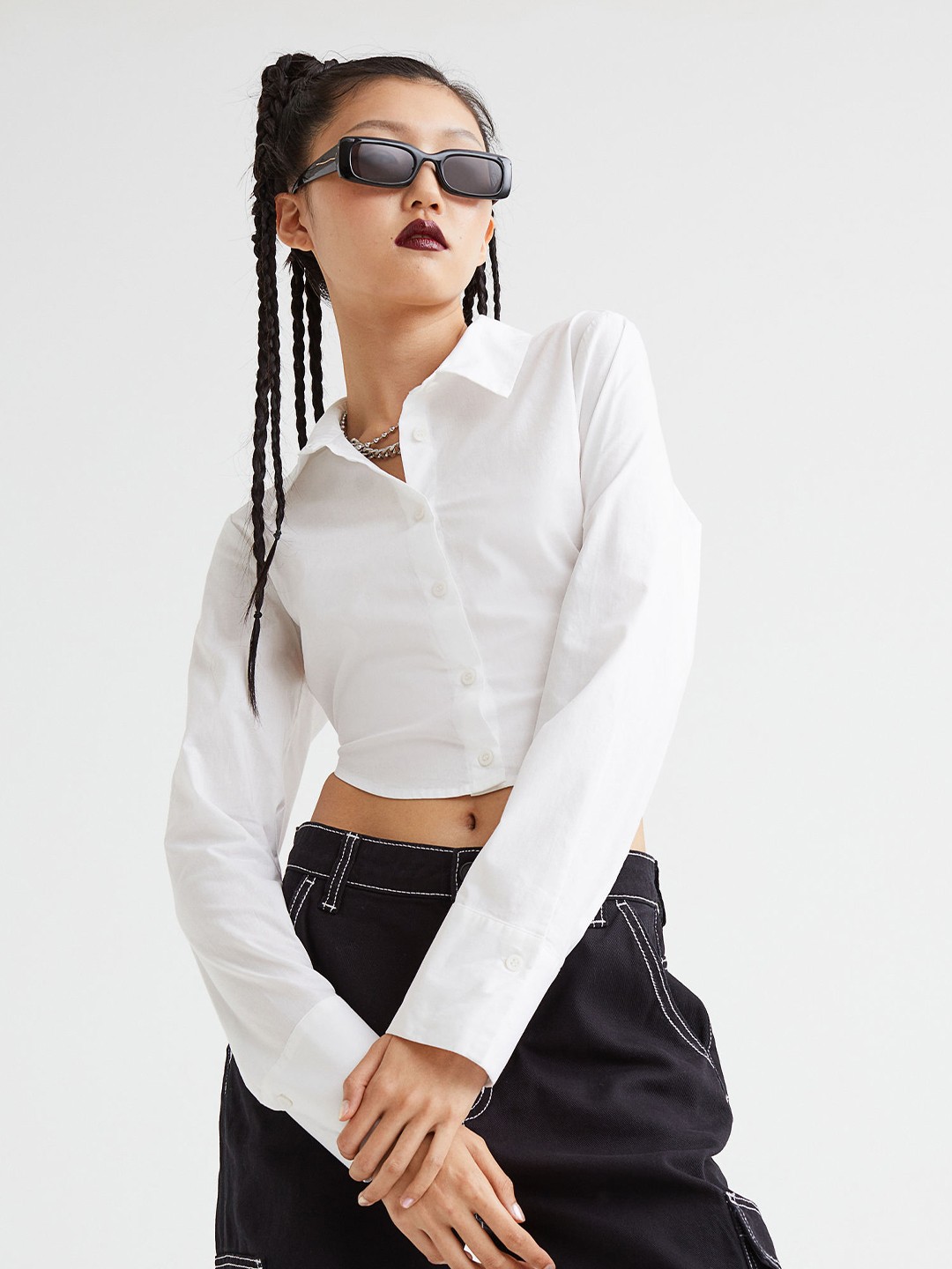 

H&M Women White Solid Cotton Crop Open-Backed Shirt