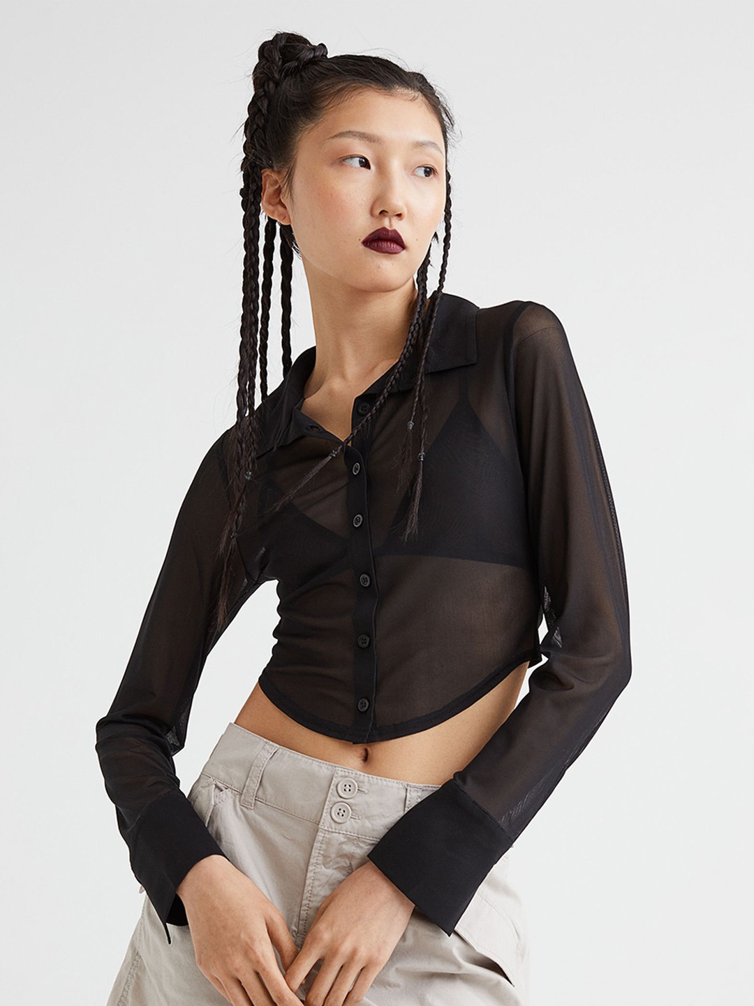 

H&M Women Black Solid Crop Mesh Shirt