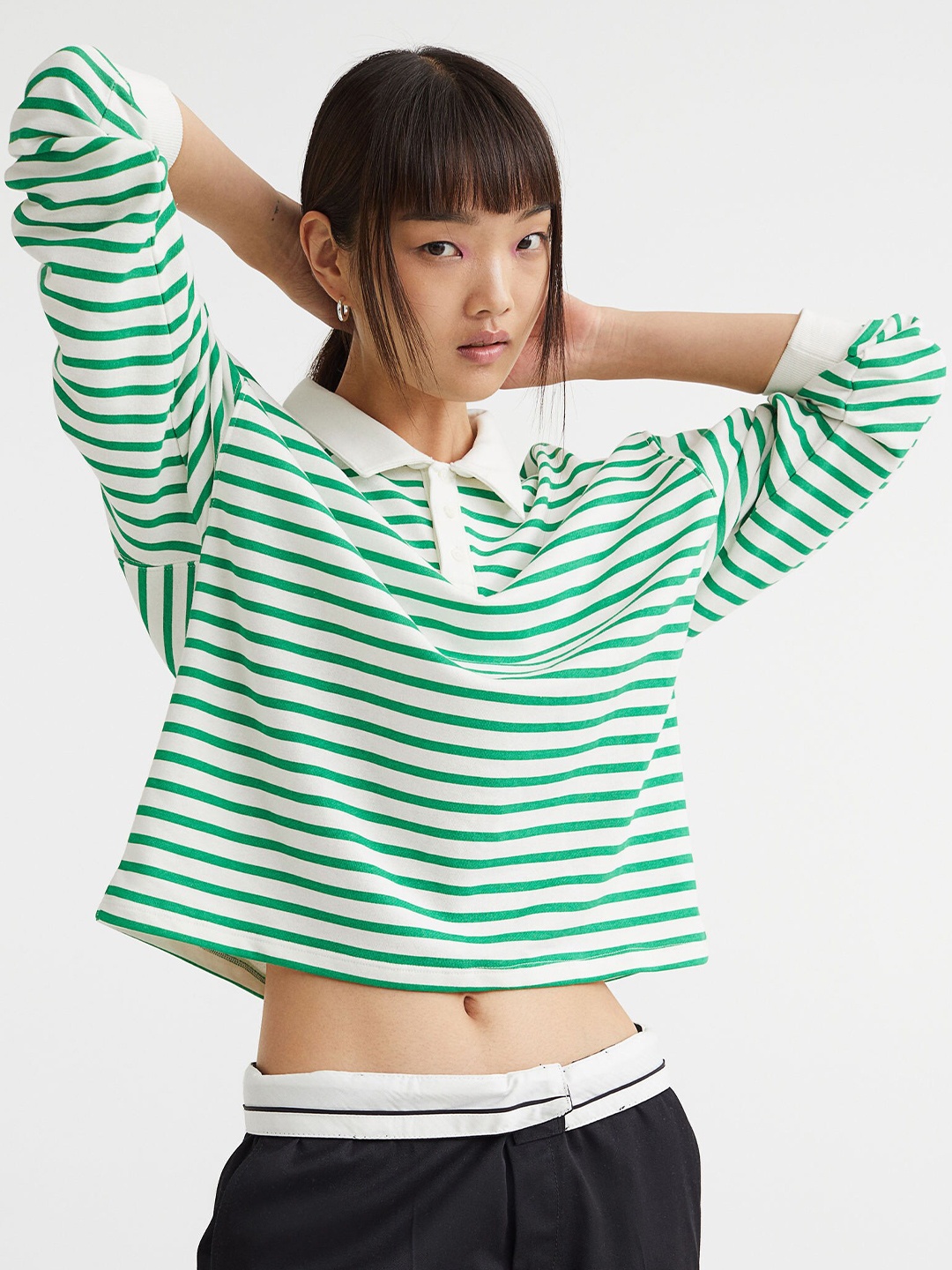 

H&M White Long-Sleeved Polo Shirt, Green