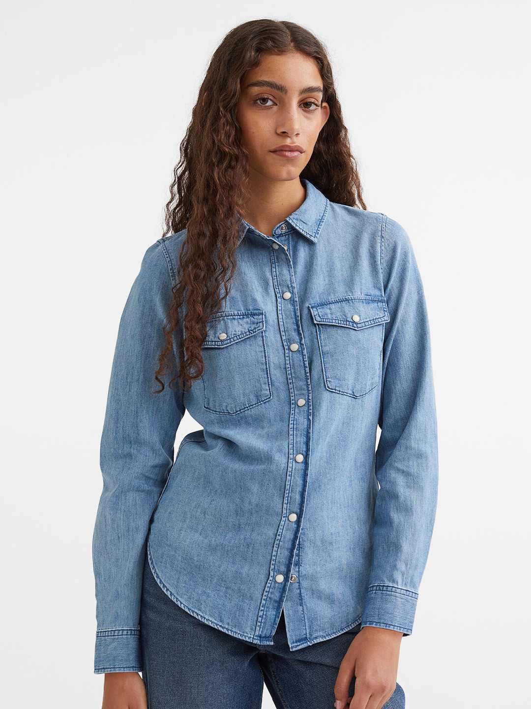

H&M Women Blue Slim-Fit Denim Shirt