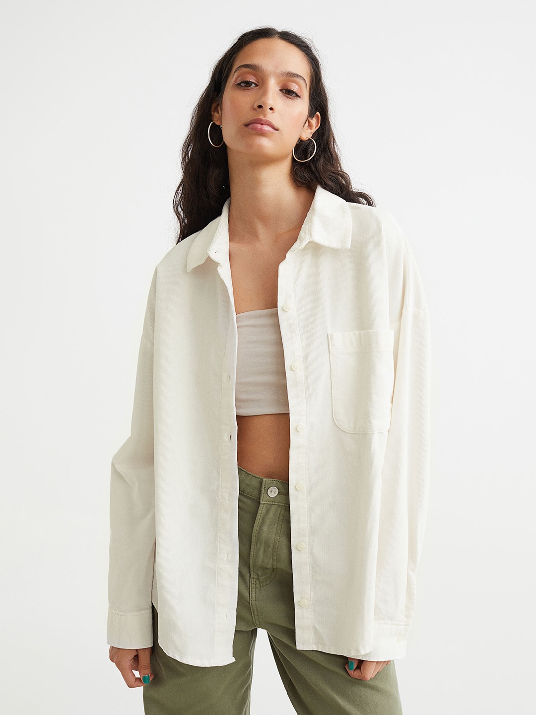 

H&M Women White Solid Oversized Cotton Corduroy Shirt