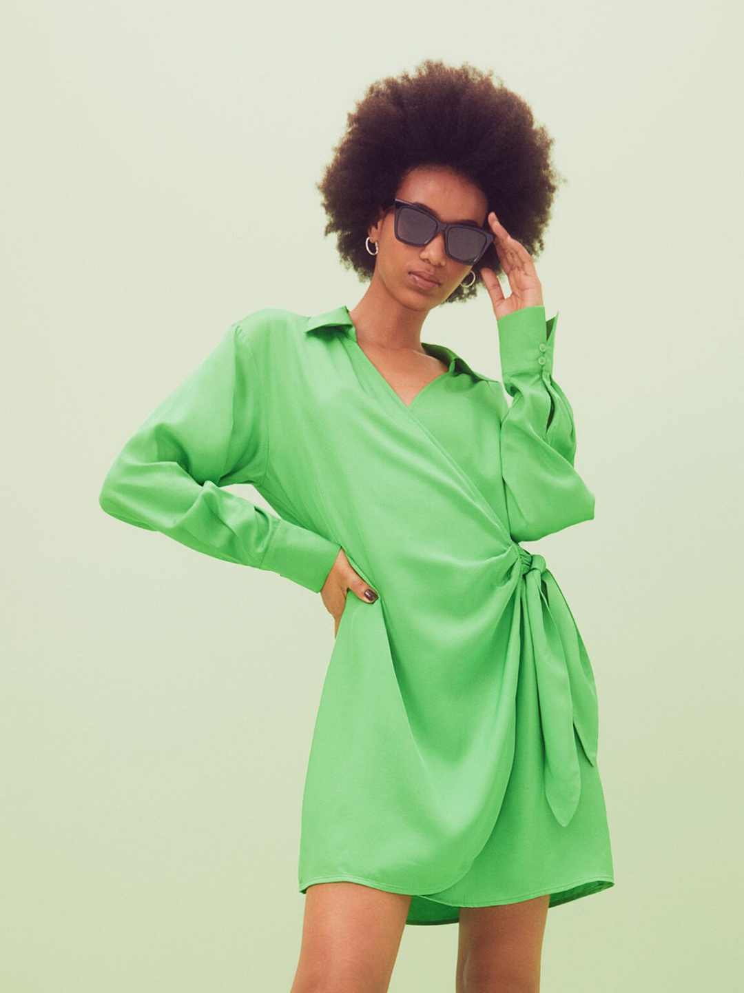 

H&M Women Green Satin Wrapover Shirt Dress