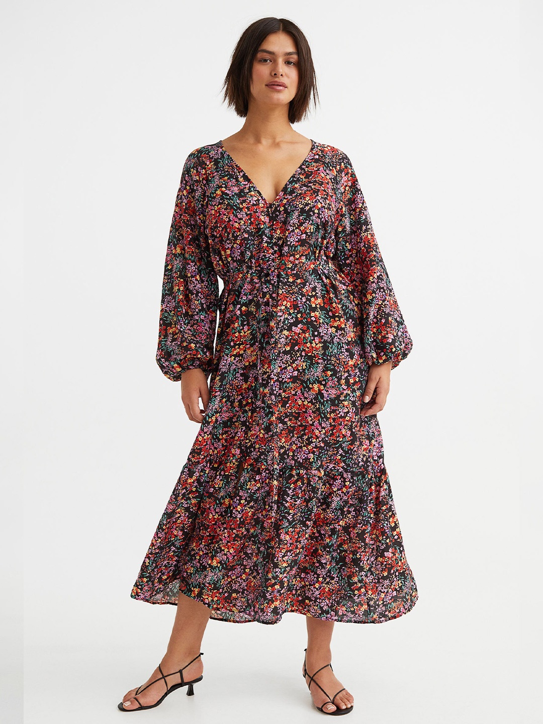 

H&M Black Floral Tie-belt Midi Dress