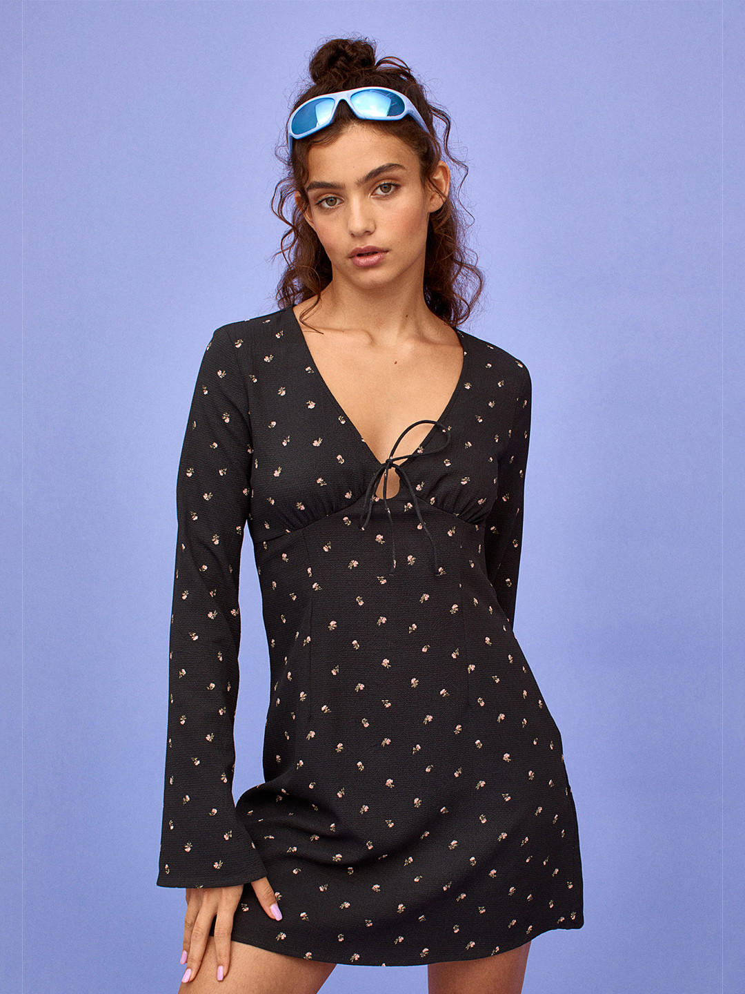 

H&M Women Black Patterned Tie-detail Dress