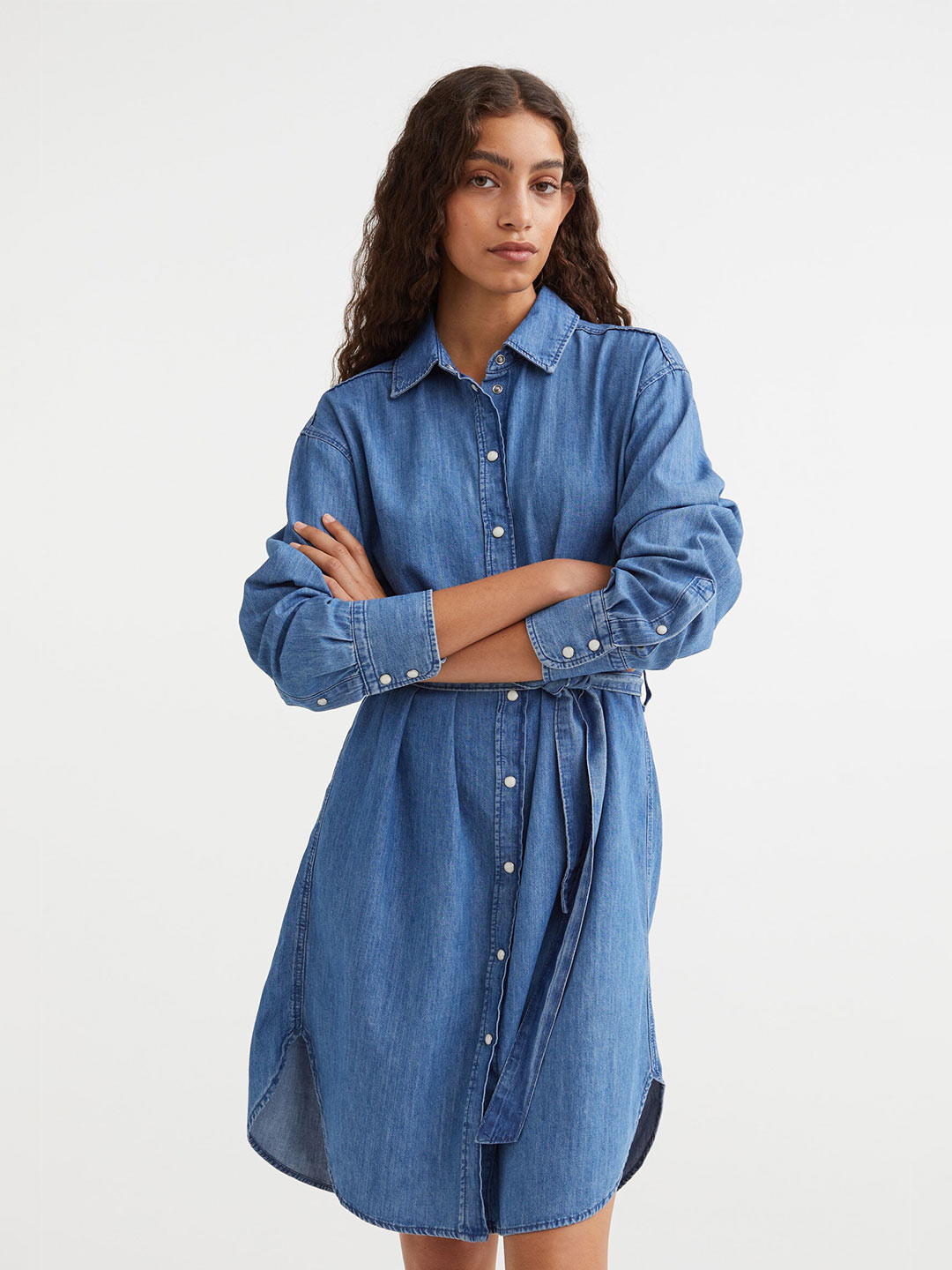 

H&M Women Blue Tie-Belt Denim Dress