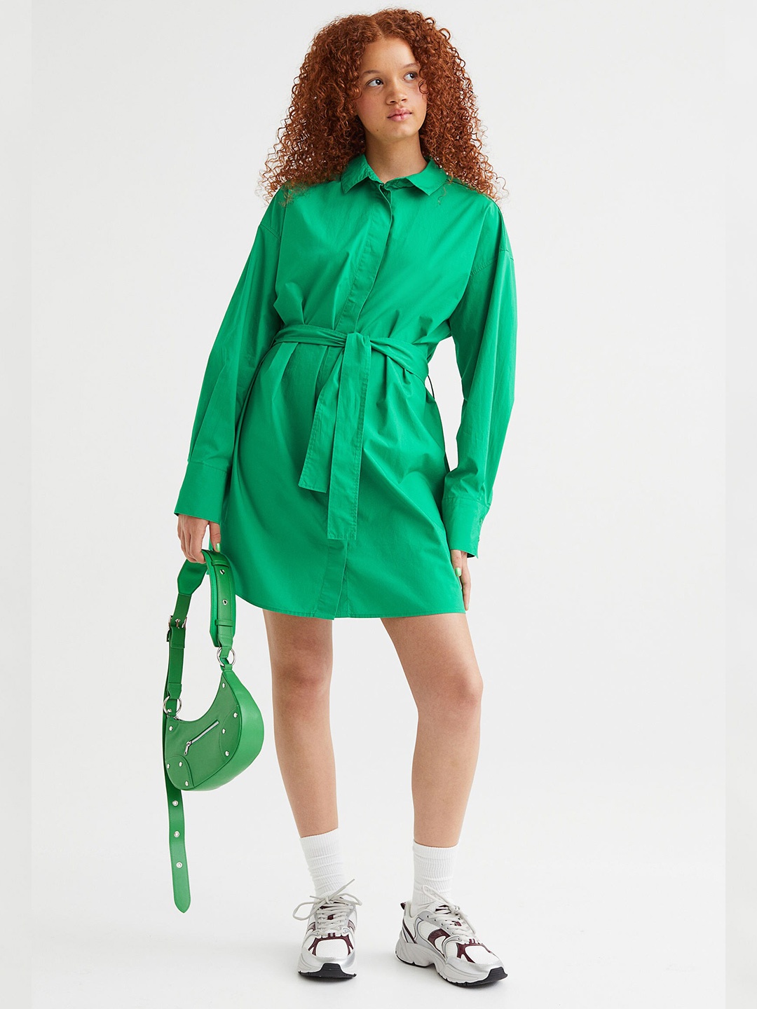 

H&M Green Tie-Belt Pure cotton Shirt Dress