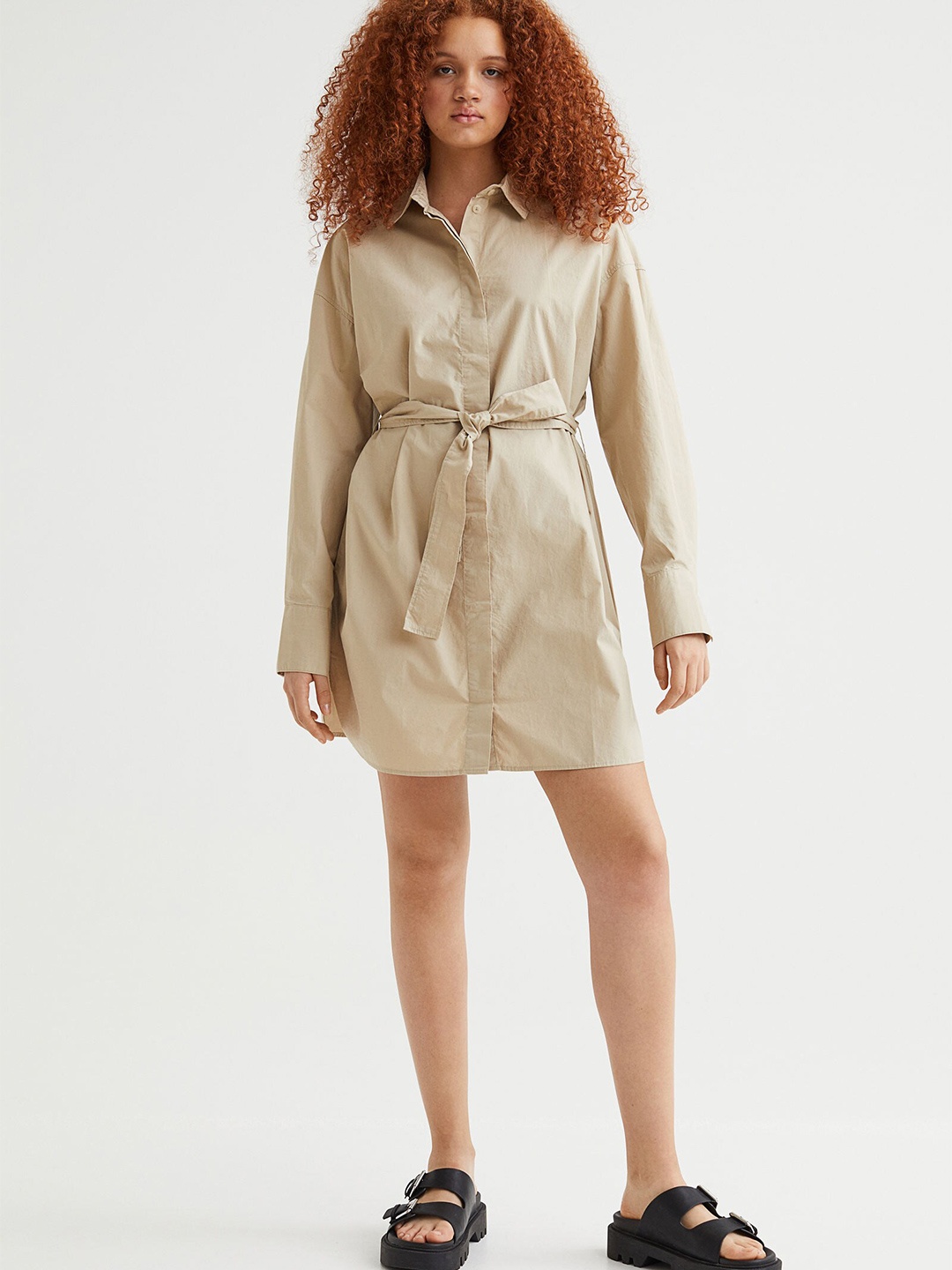 

H&M Beige Solid Tie-Belt Shirt Dress