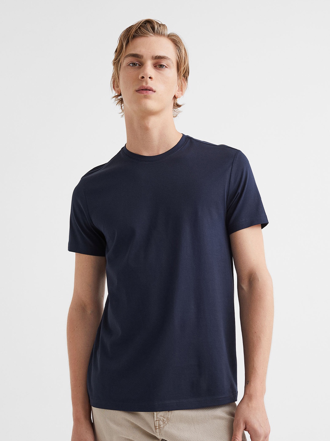 

H&M Men Navy Blue Slim Fit Pima Cotton T-shirt