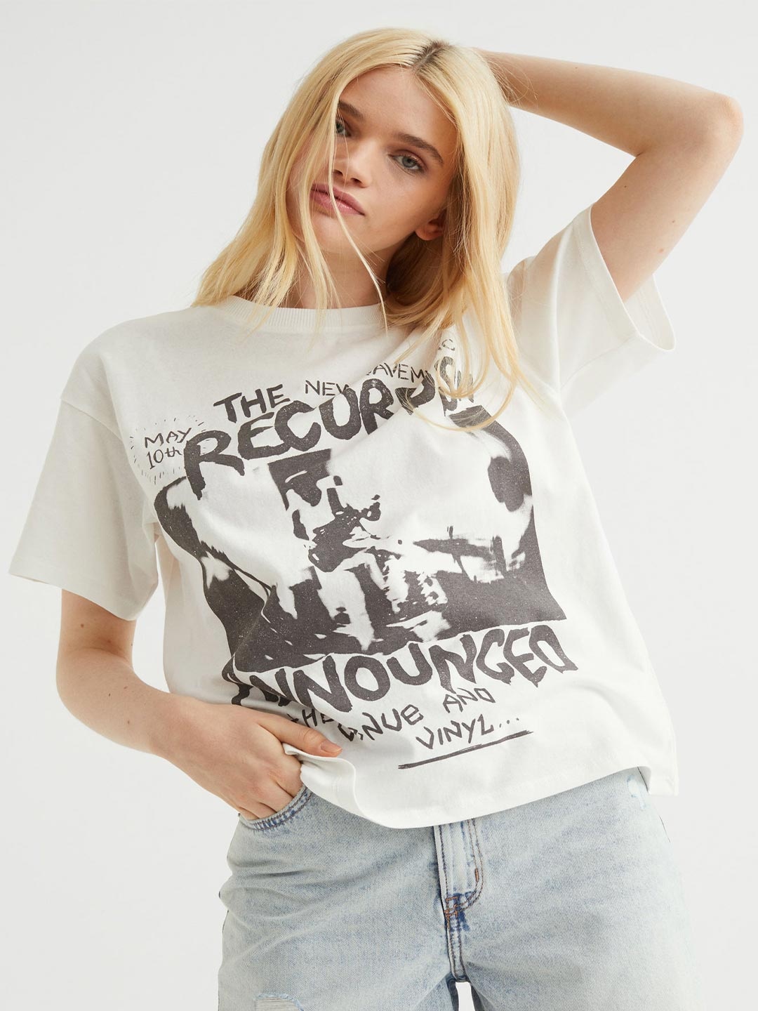 

H&M Women White & Grey Graphic Printed Pure Cotton T-shirt
