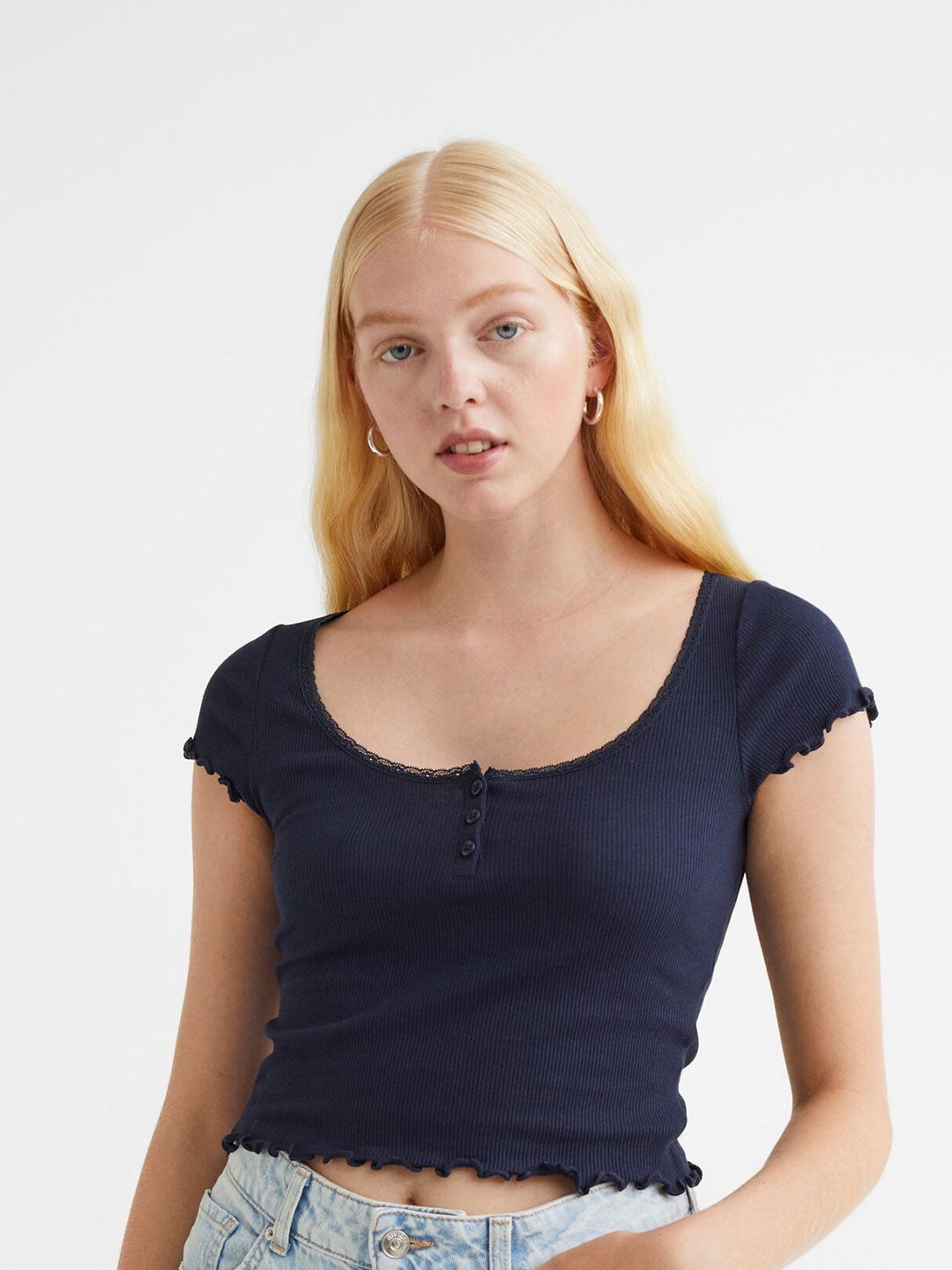 

H&M Women Navy Blue Ribbed Button-Placket T-shirt