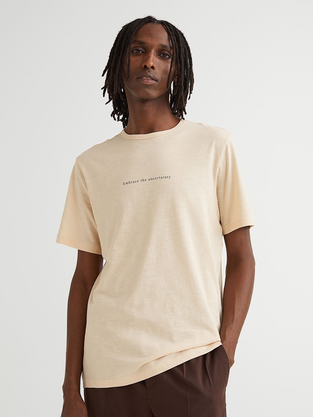 

H&M Men Beige Typography Printed Pure Cotton T-shirt