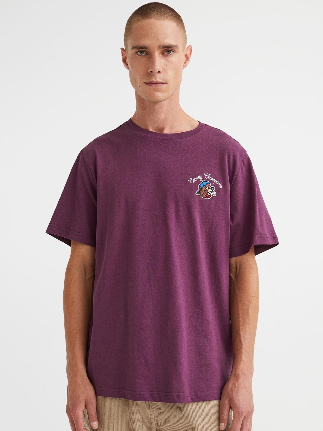 

H&M Men Purple Drop-Shoulder Sleeves T-shirt